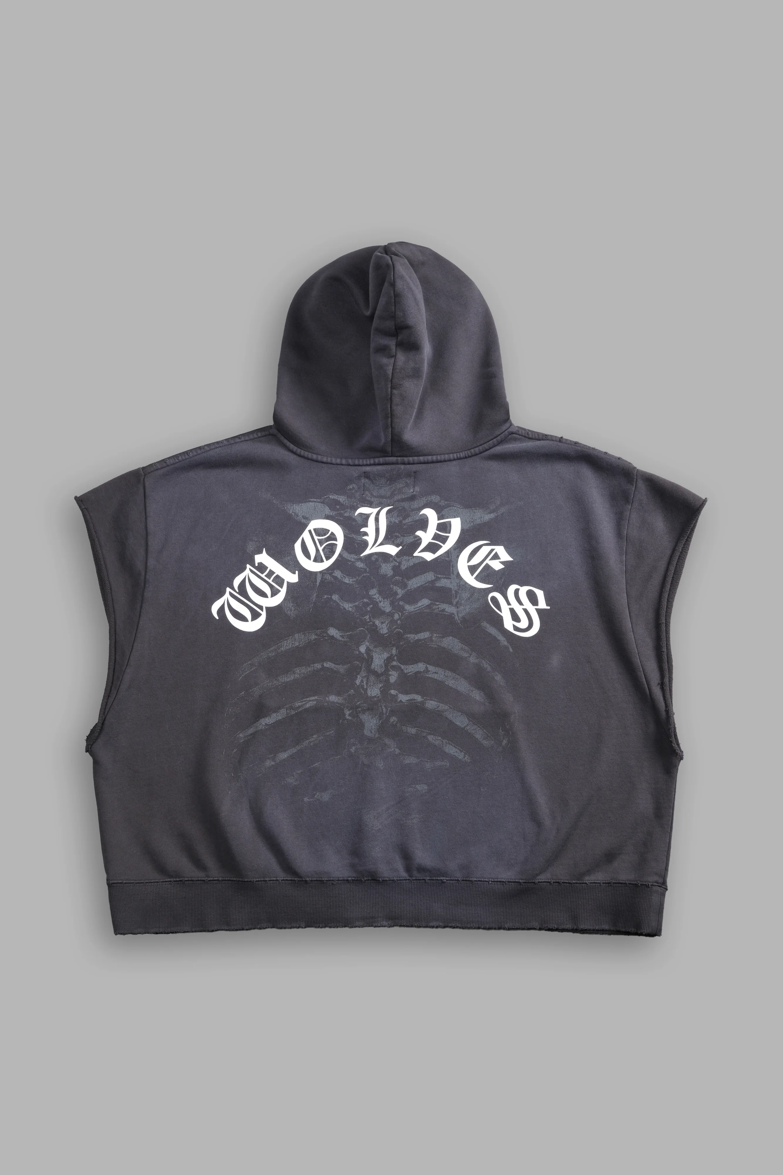 Bones Destroyed Grunge Gage Cap Sleeve Hoodie in Wolf Gray Drift Wash - Image 3