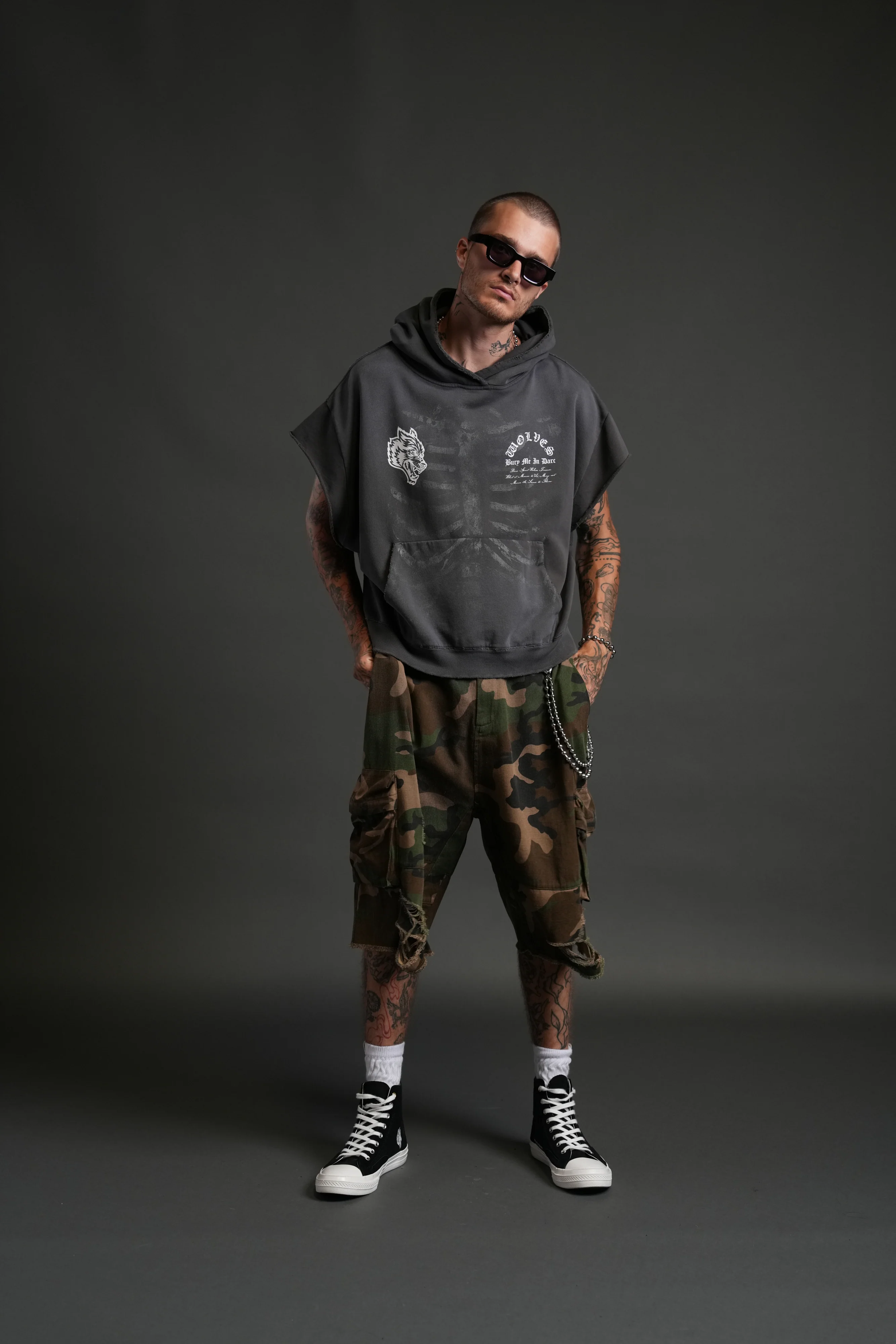 Bones Destroyed Grunge Gage Cap Sleeve Hoodie in Wolf Gray Drift Wash - Image 5