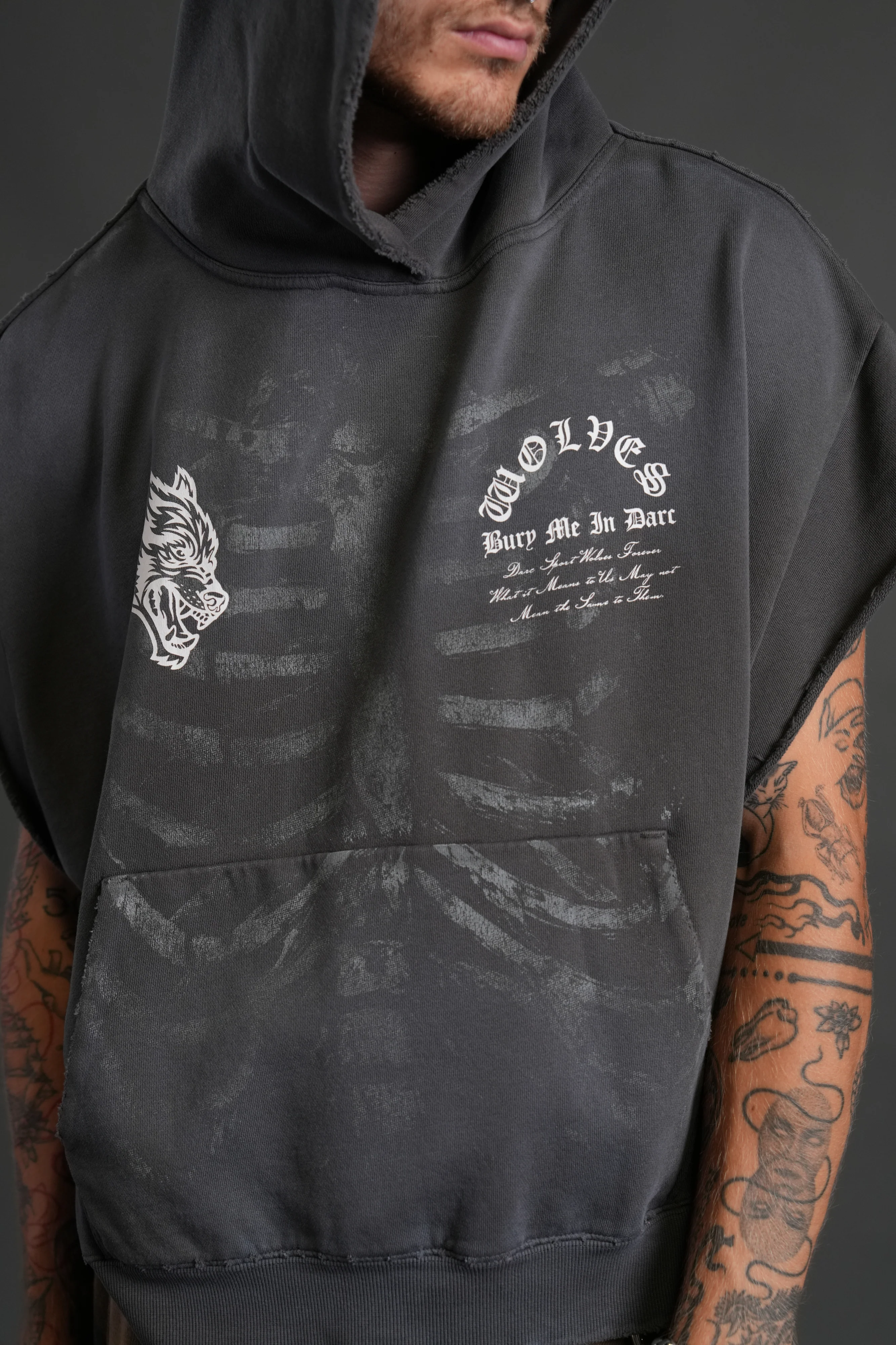 Bones Destroyed Grunge Gage Cap Sleeve Hoodie in Wolf Gray Drift Wash - Image 7