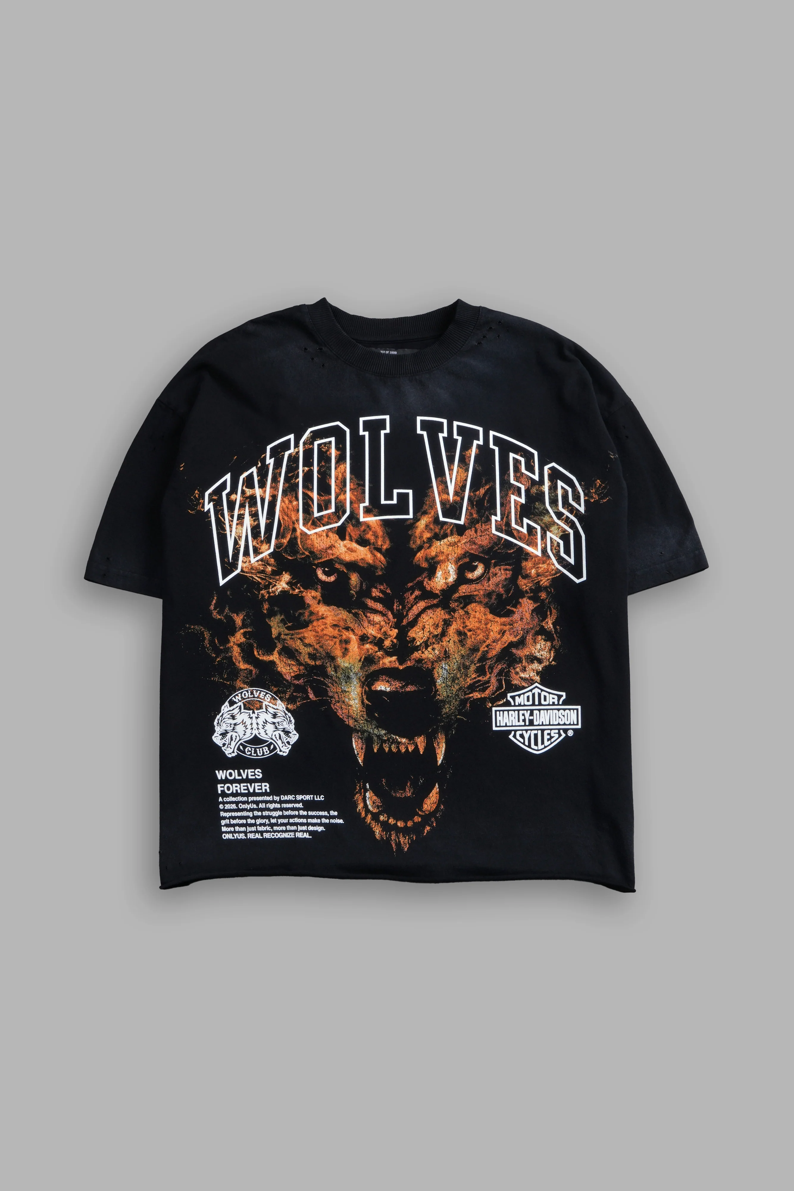 Born From Fire Distressed Grunge Mid-Length Raw Hem Tee in Black Drift Wash