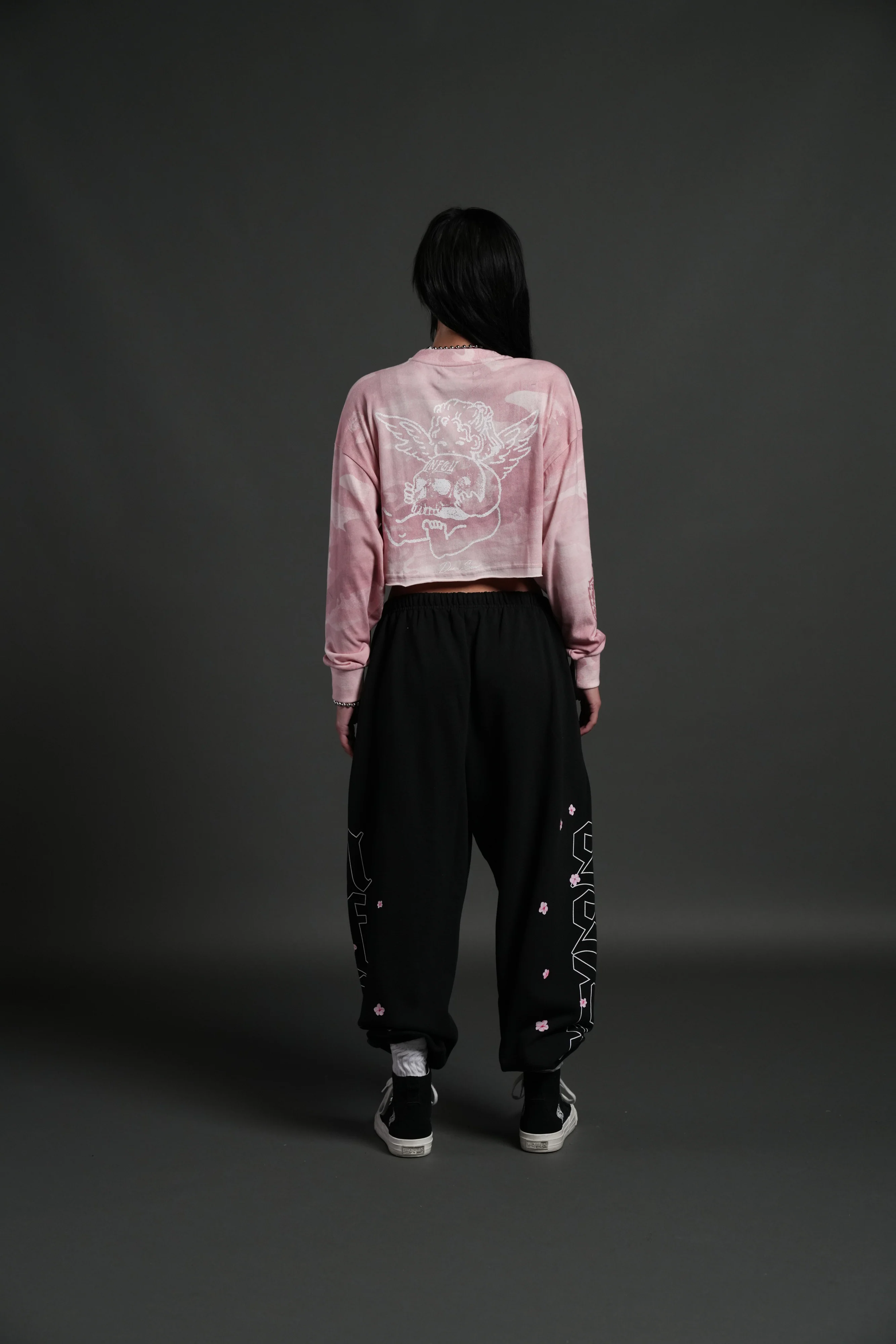 Cherub and the Skull "Premium" Oversized Cropped L/S Tee in Blush Vintage Woodland Camo - Image 4