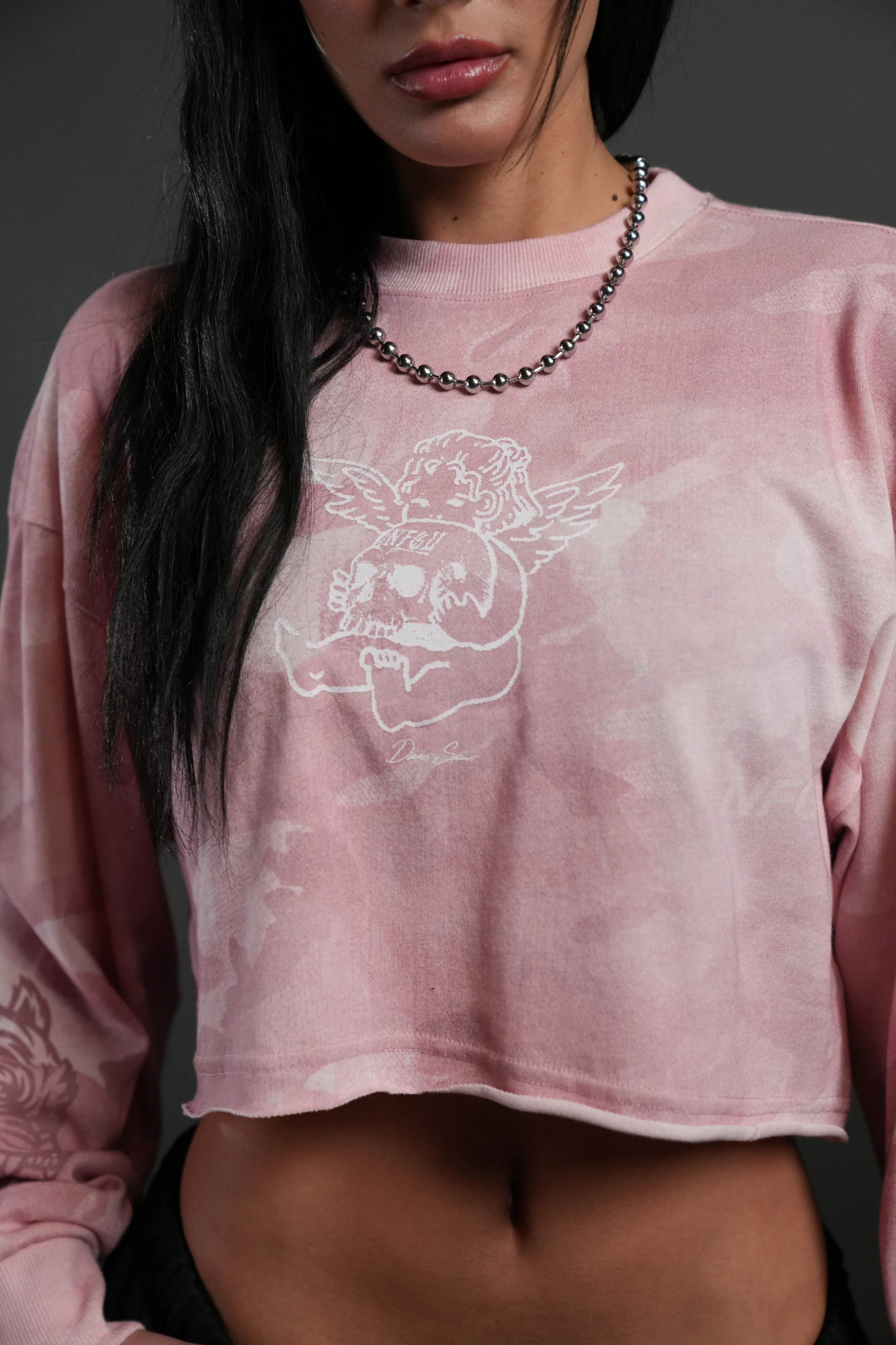 Cherub and the Skull "Premium" Oversized Cropped L/S Tee in Blush Vintage Woodland Camo - Image 5