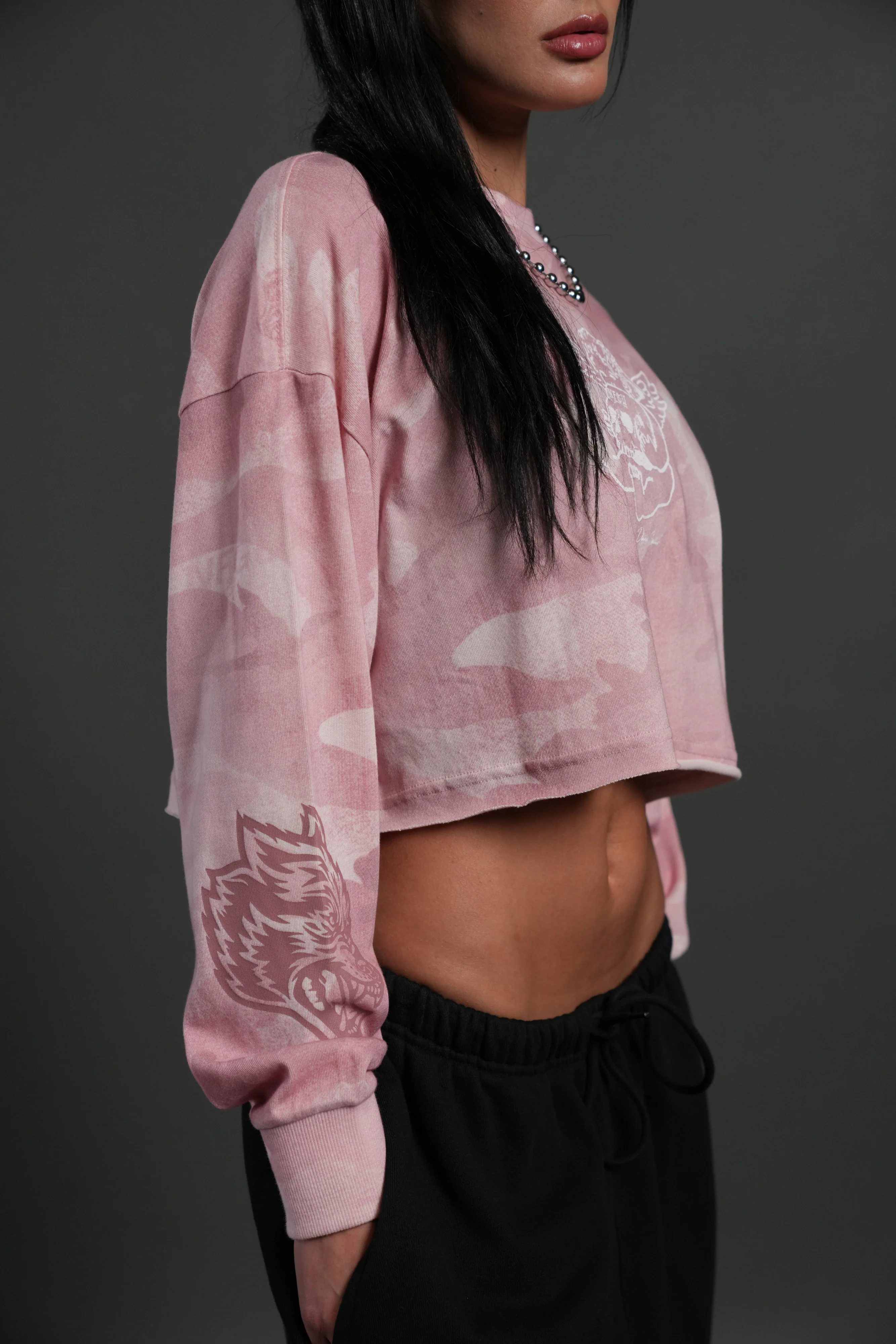Cherub and the Skull "Premium" Oversized Cropped L/S Tee in Blush Vintage Woodland Camo - Image 7
