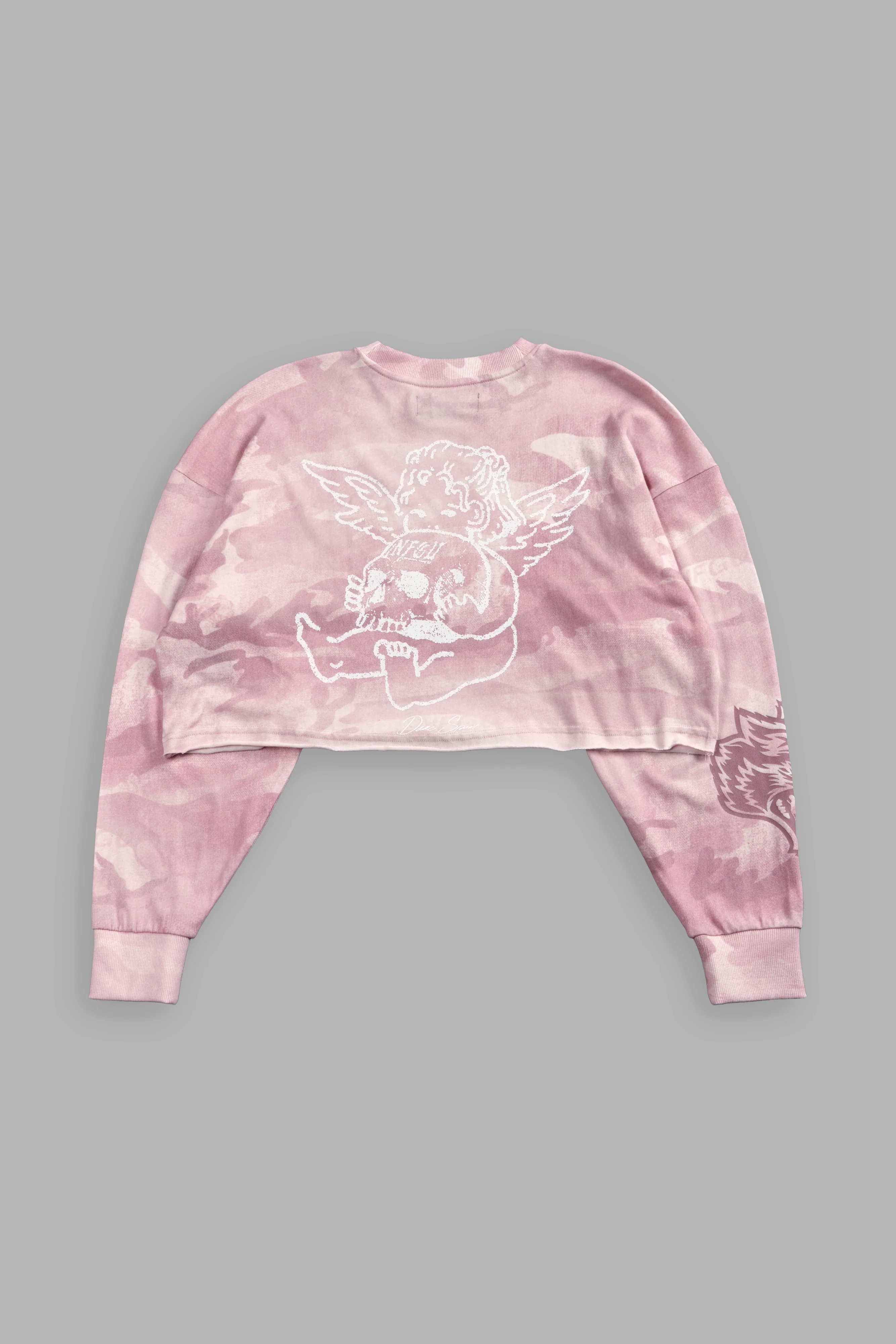 Cherub and the Skull "Premium" Oversized Cropped L/S Tee in Blush Vintage Woodland Camo - Image 8