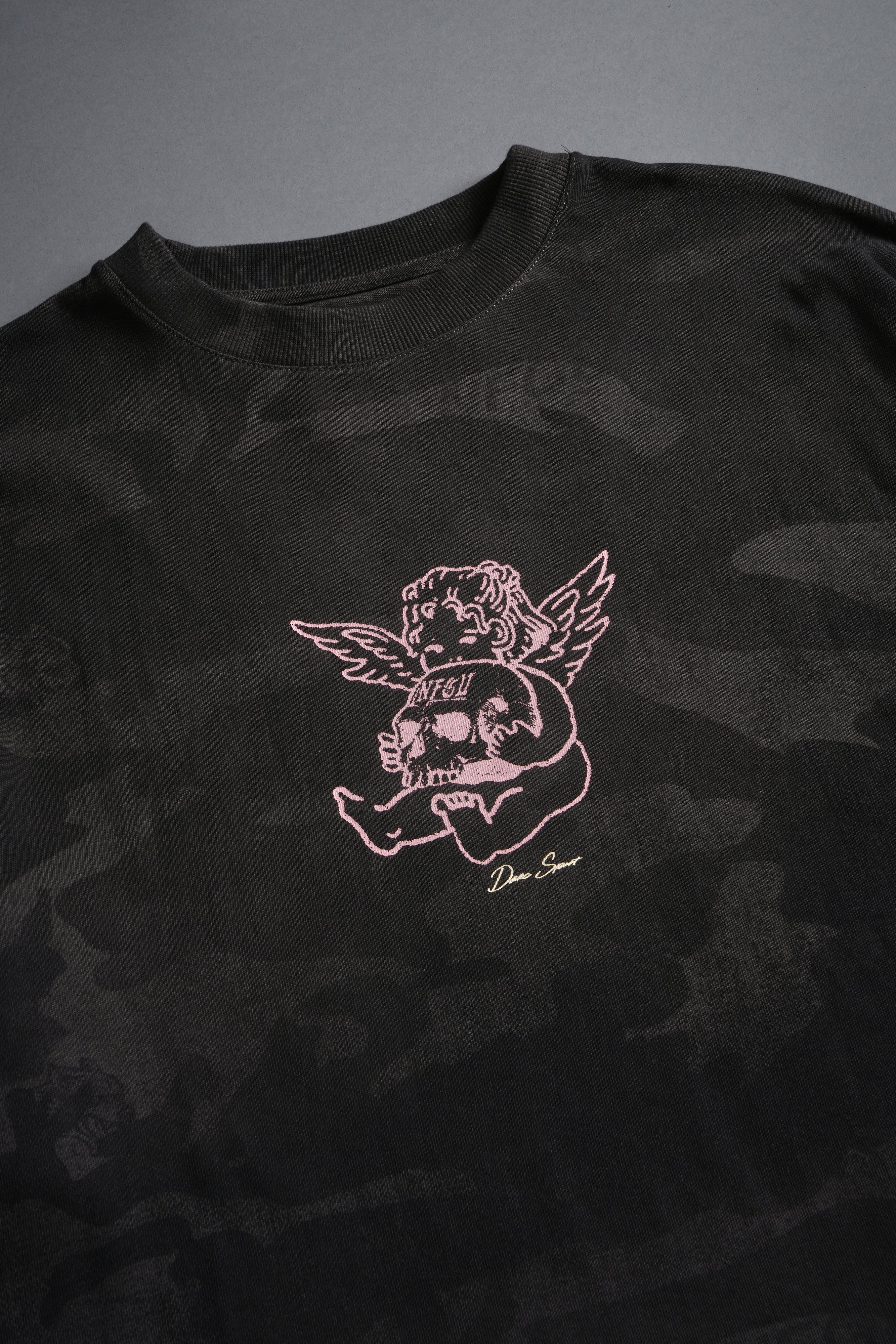 Cherub and the Skull Unisex Premium "Box Cut" Tee in Black Vintage Woodland Camo - Image 10
