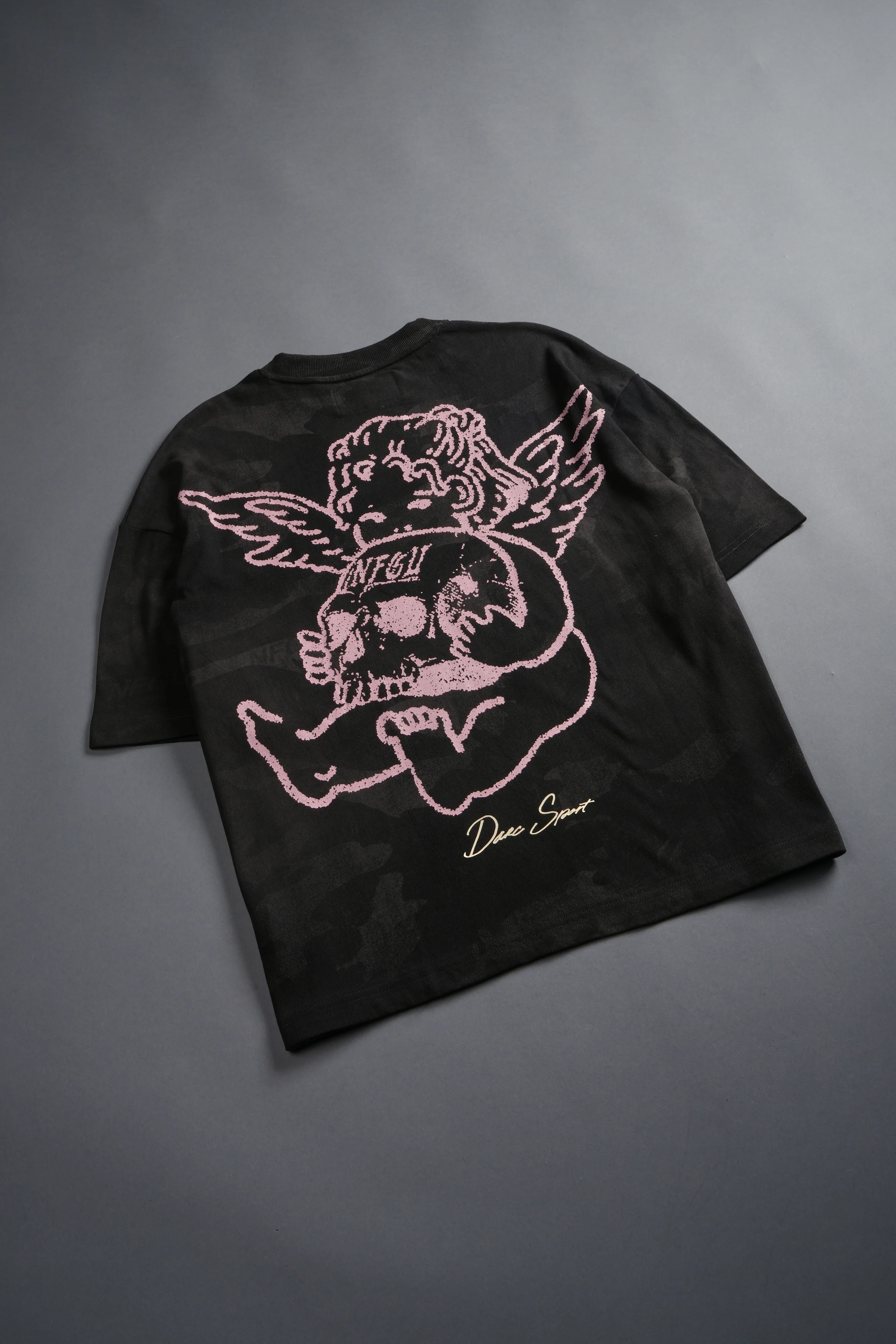 Cherub and the Skull Unisex Premium "Box Cut" Tee in Black Vintage Woodland Camo - Image 11