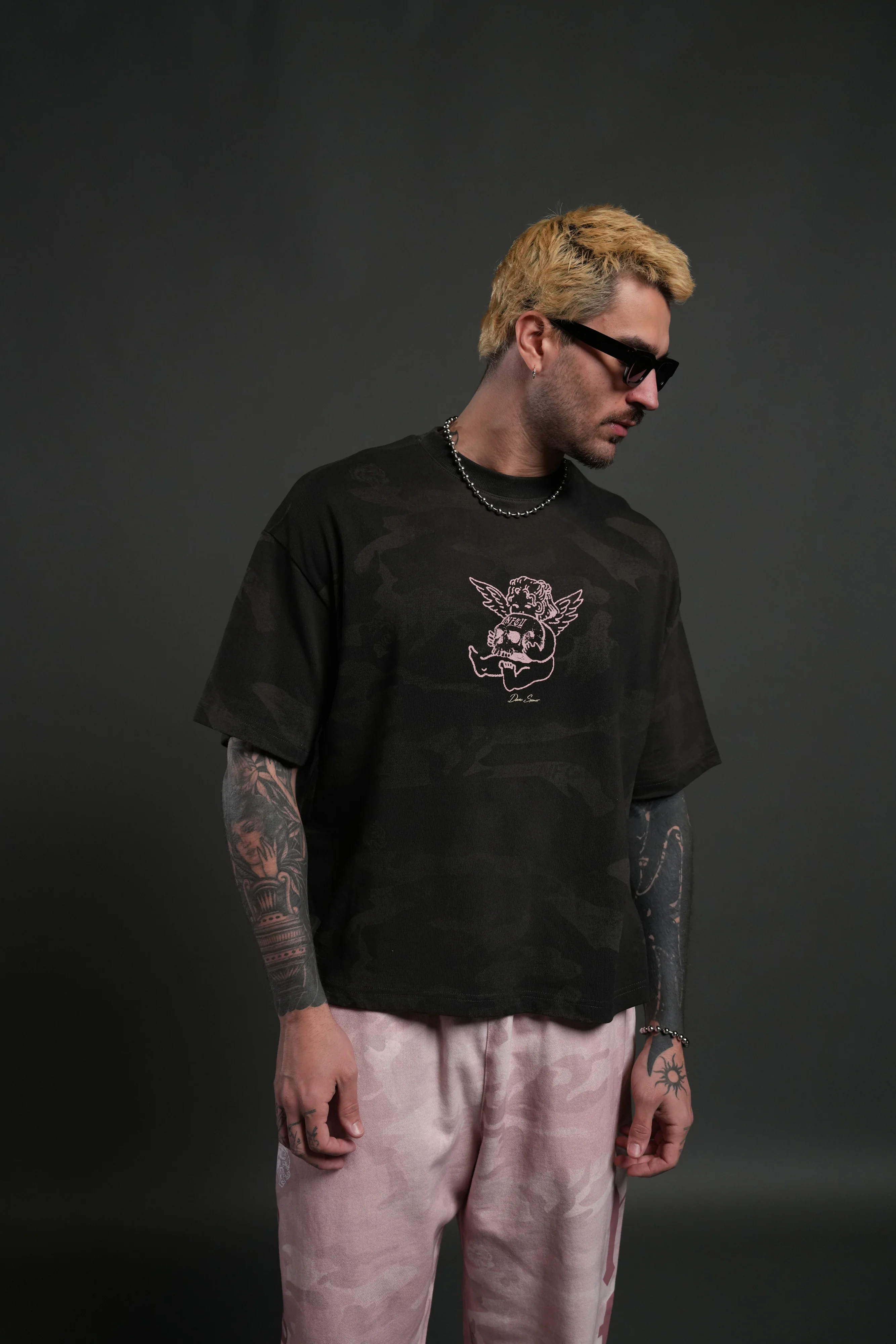 Cherub and the Skull Unisex Premium "Box Cut" Tee in Black Vintage Woodland Camo - Image 2