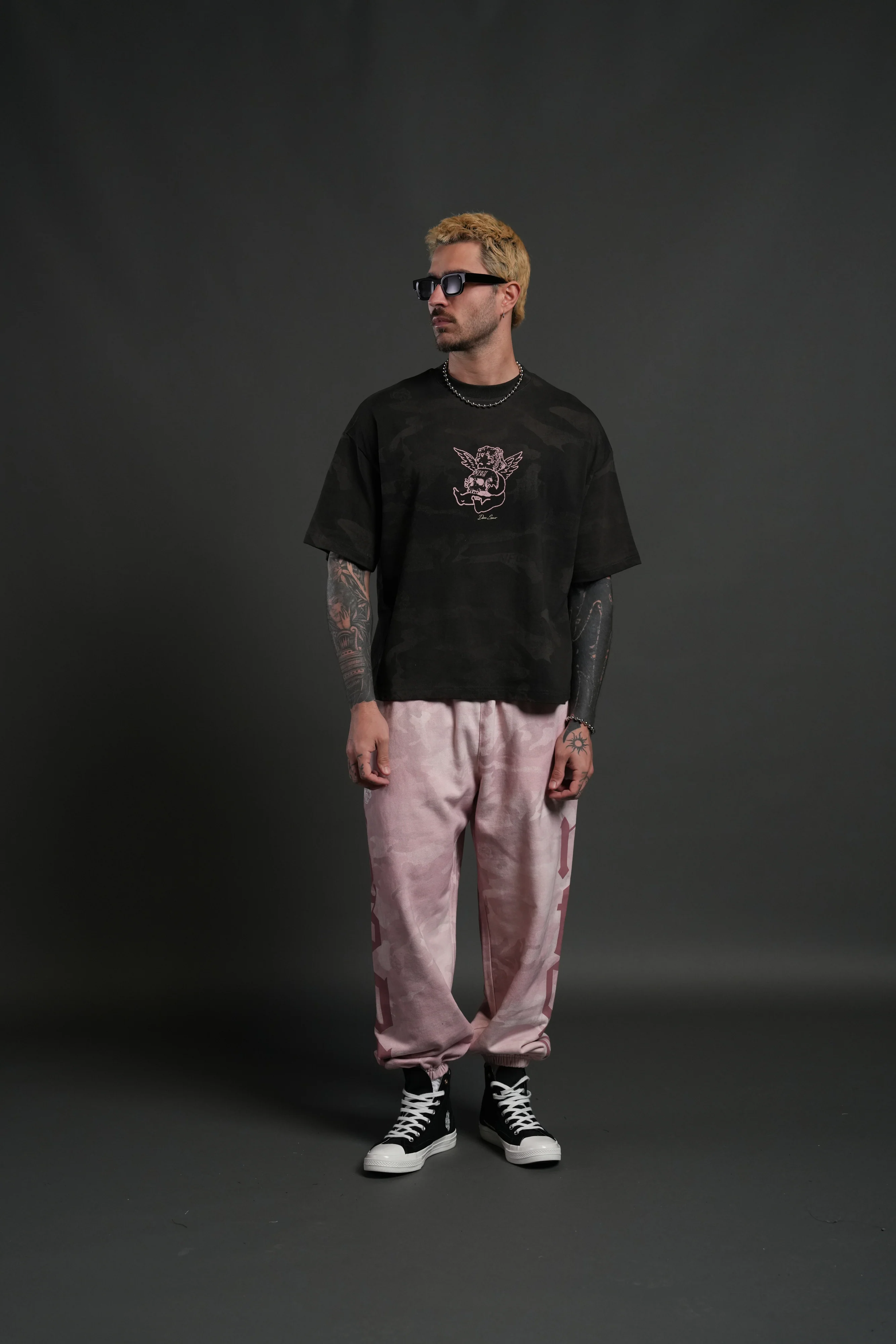 Cherub and the Skull Unisex Premium "Box Cut" Tee in Black Vintage Woodland Camo - Image 5