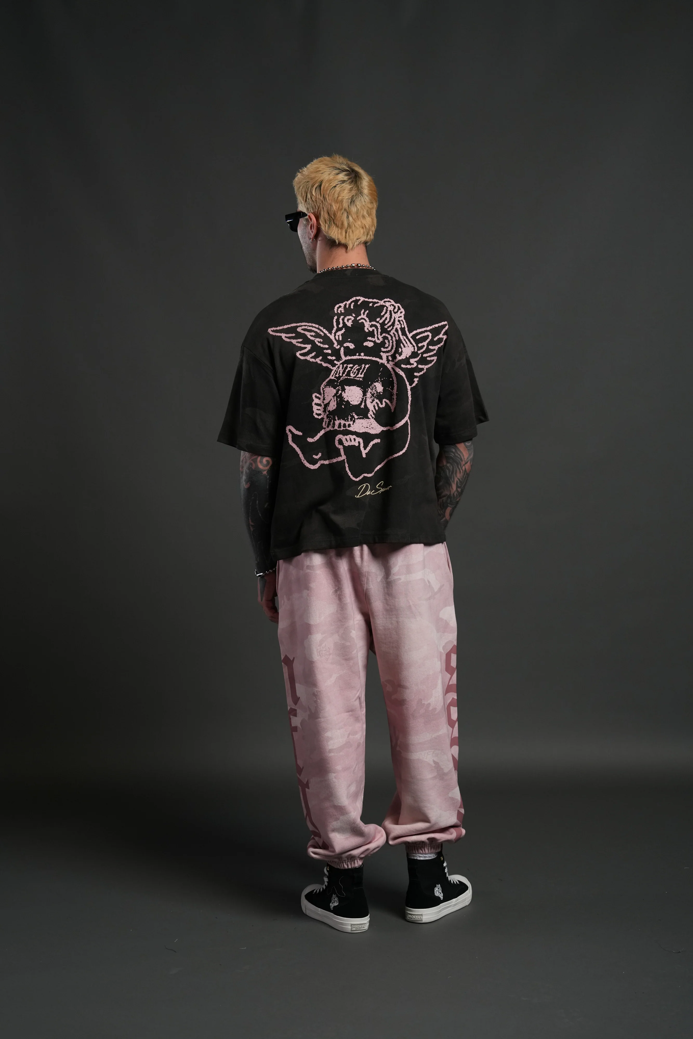 Cherub and the Skull Unisex Premium "Box Cut" Tee in Black Vintage Woodland Camo - Image 6