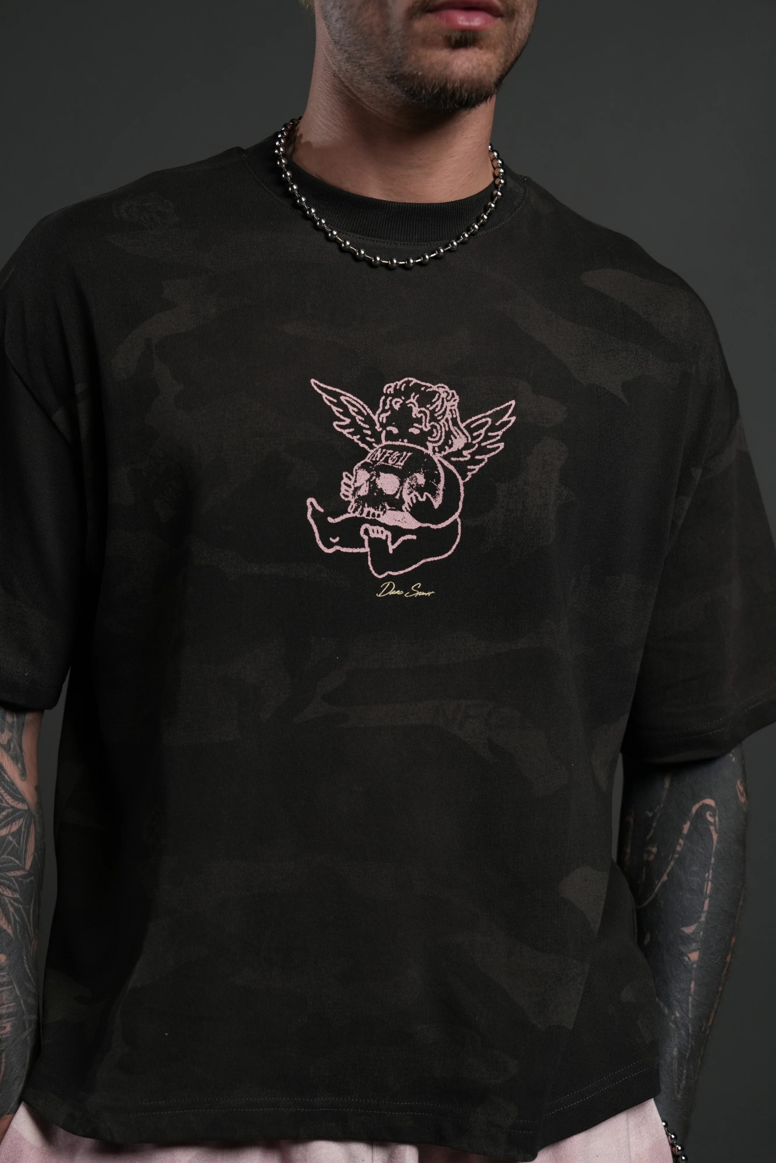 Cherub and the Skull Unisex Premium "Box Cut" Tee in Black Vintage Woodland Camo - Image 7