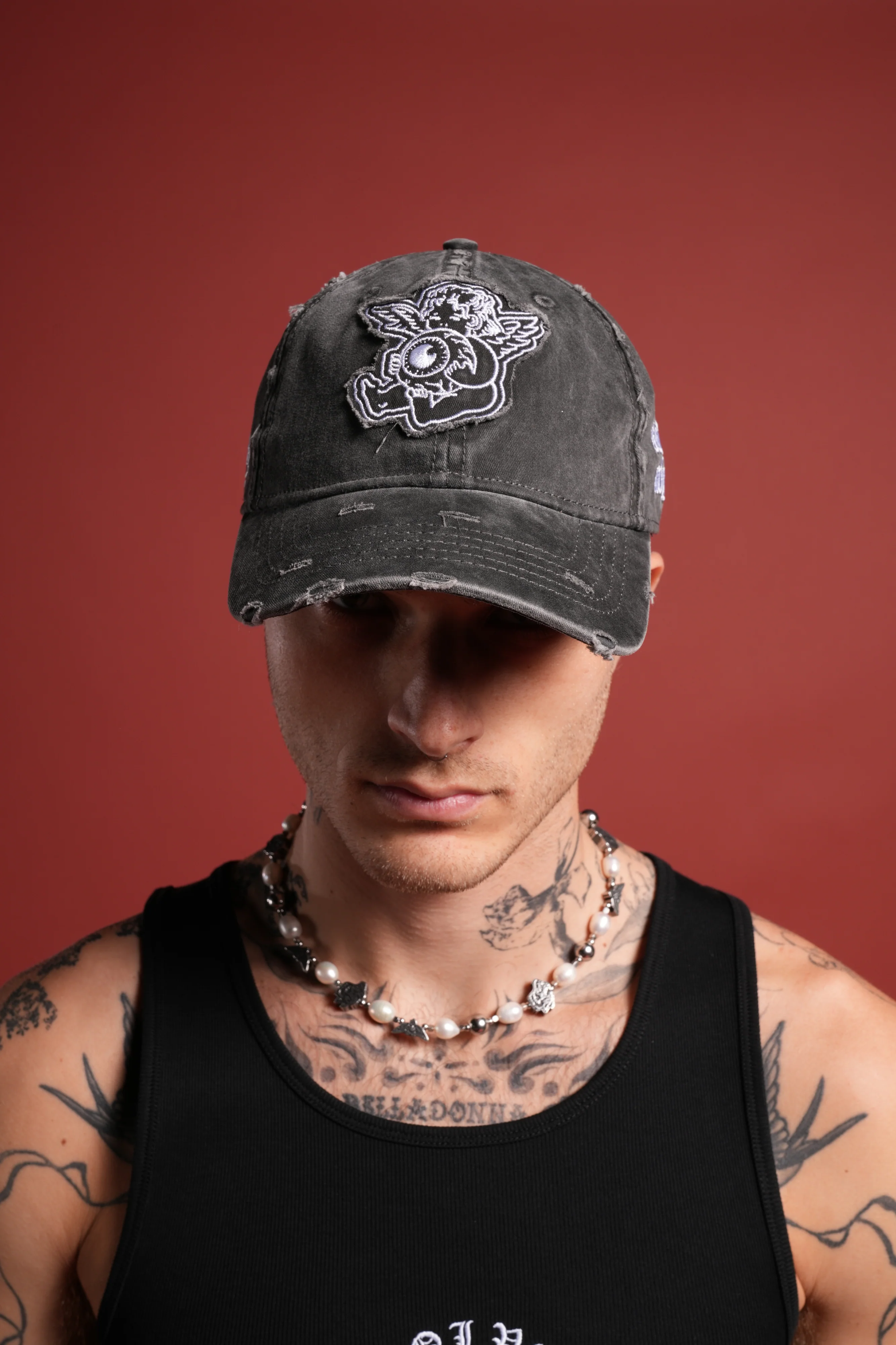 Cherub Eye Ball Distressed Dad Hat in Washed Black - Image 4