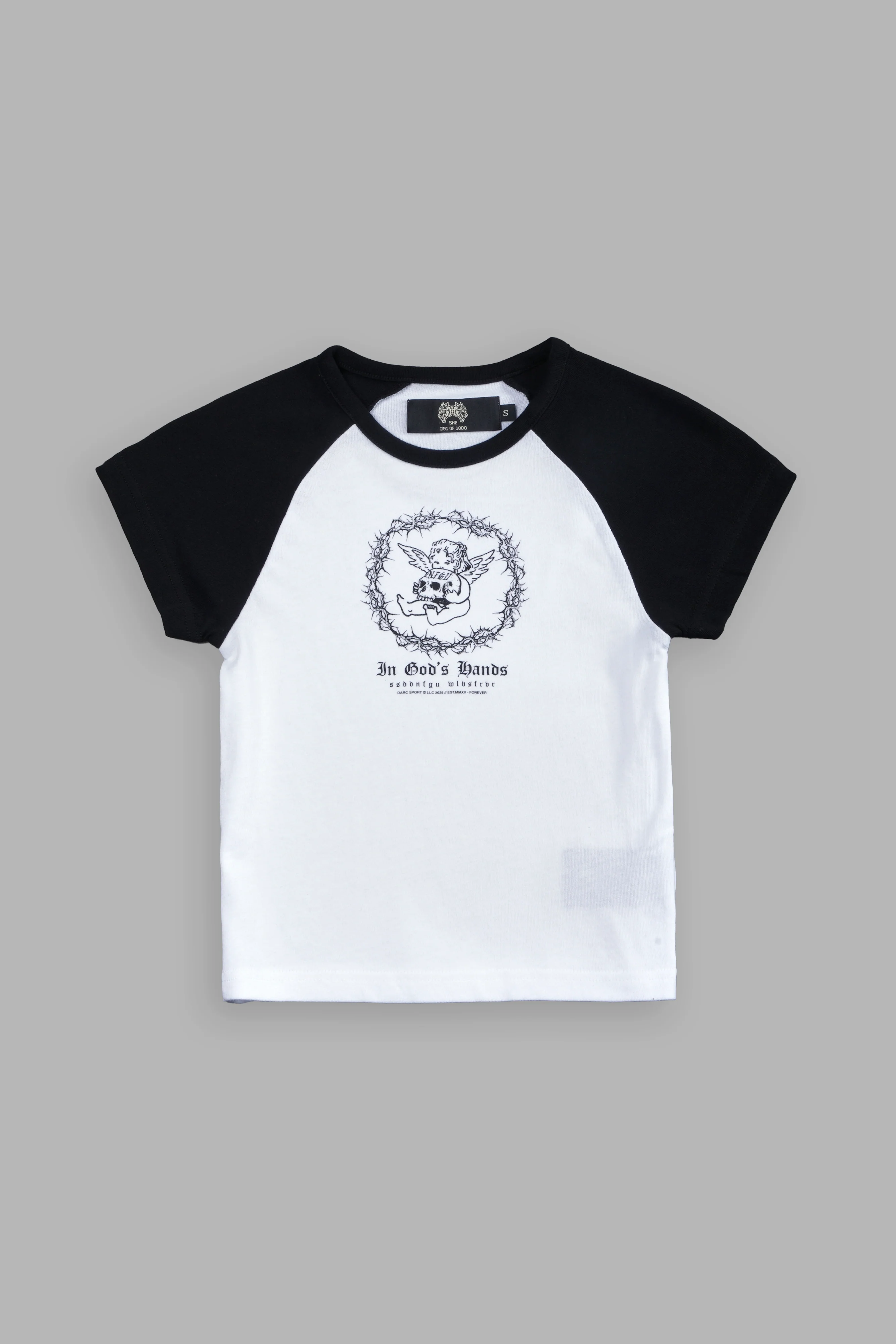 Cherub's Oath Lina Raglan "Baby" Tee in White/Black - Image 5