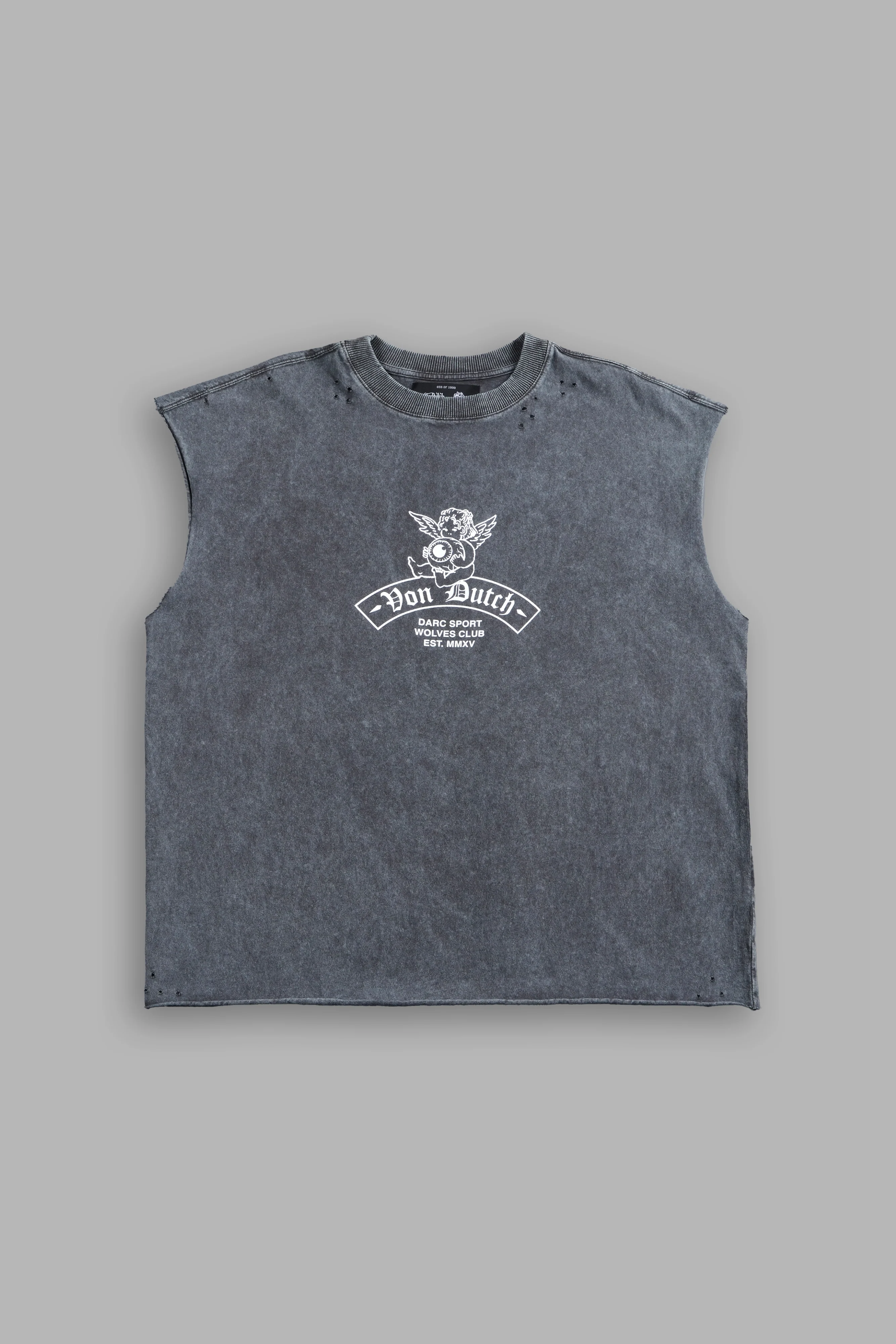 Darc Covenant Distressed Grunge Mid-Length Raw Hem Muscle Tee in Wolf Gray