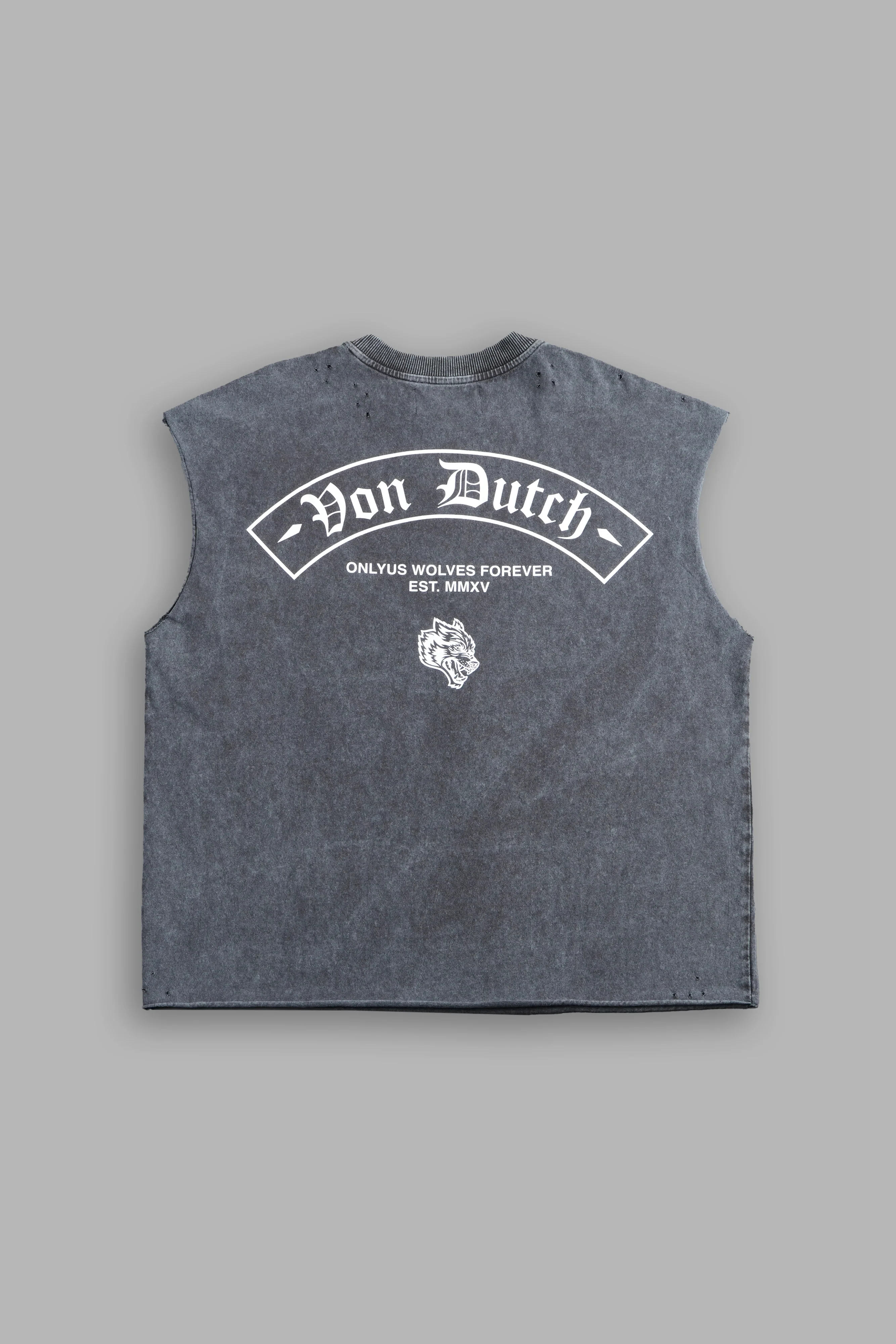 Darc Covenant Distressed Grunge Mid-Length Raw Hem Muscle Tee in Wolf Gray - Image 3