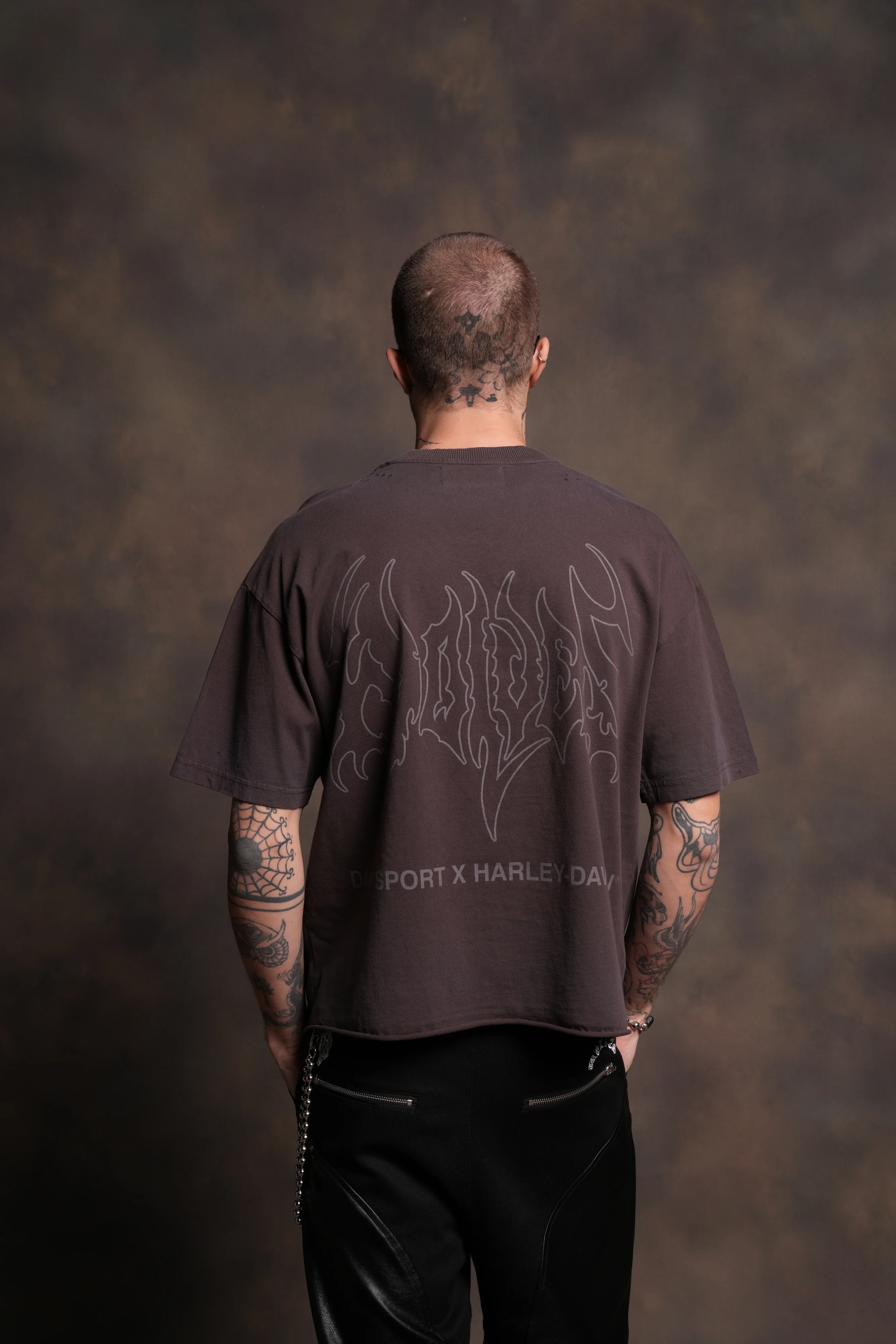 Darc Eagle Distressed Grunge Mid-Length Raw Hem Tee in Darc Brown Drift Wash - Image 2