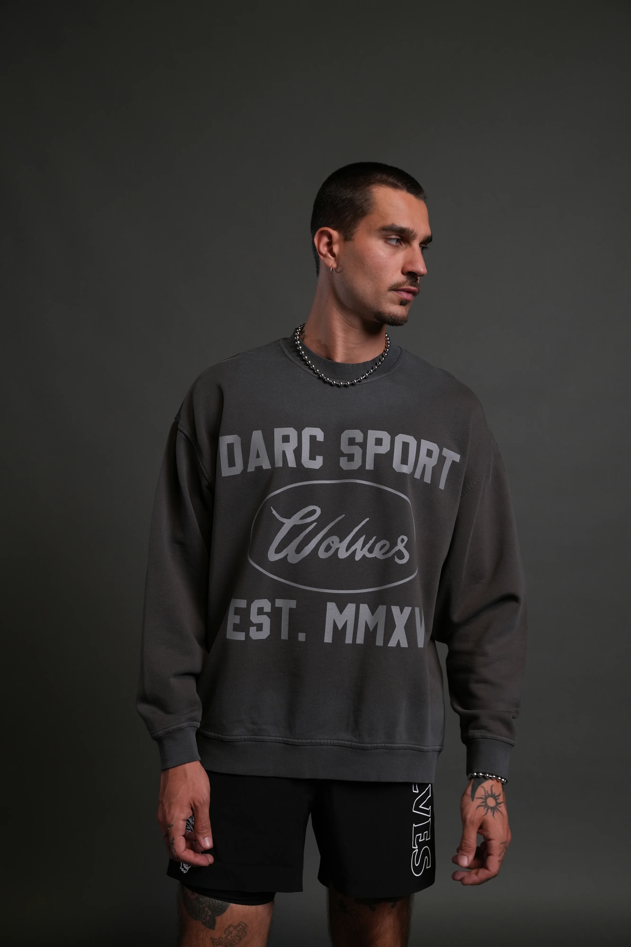Darc Sport MMXV Grunge Oversized London Unisex Crewneck in Wolf Gray Drift Wash - Image 4