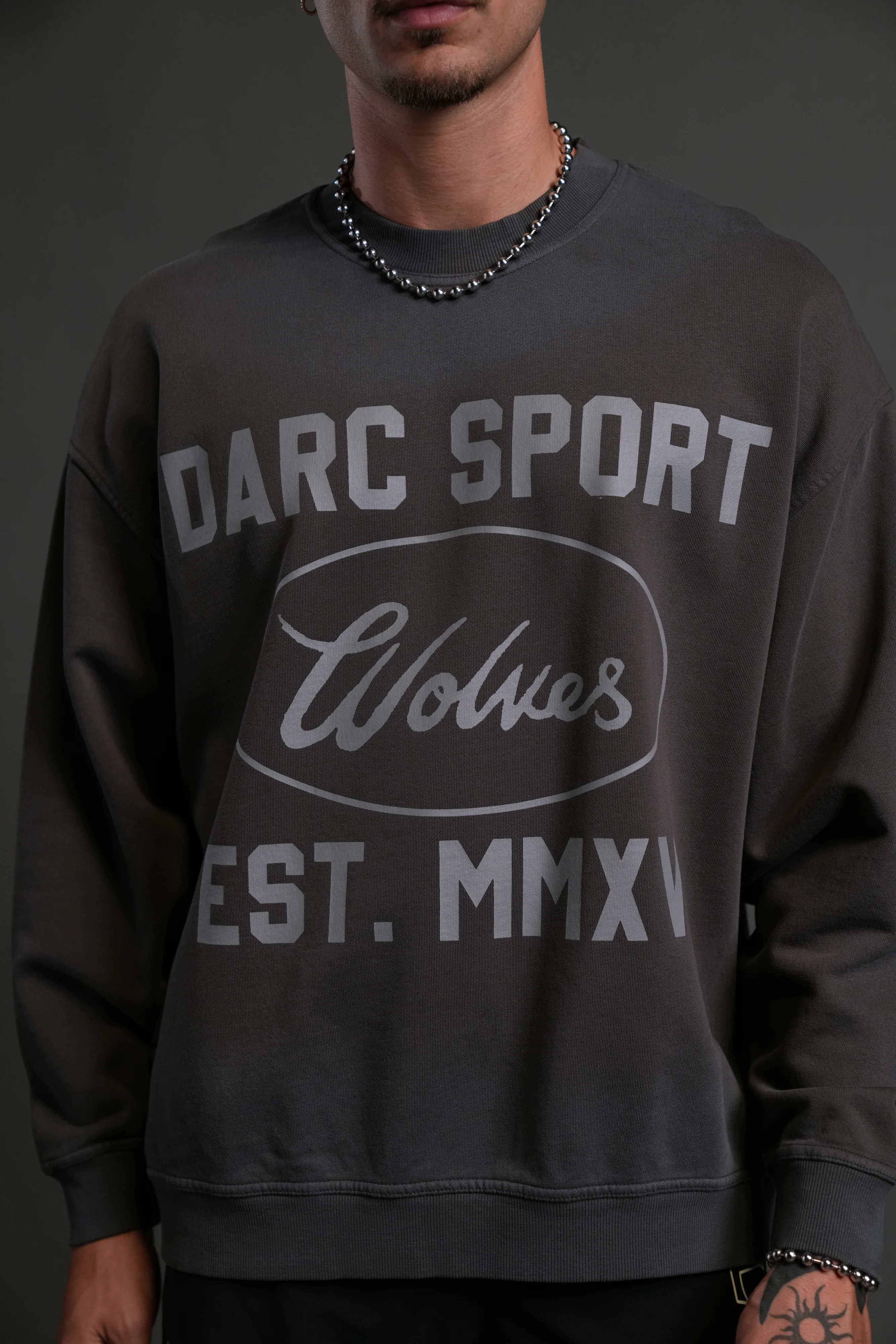 Darc Sport MMXV Grunge Oversized London Unisex Crewneck in Wolf Gray Drift Wash - Image 7
