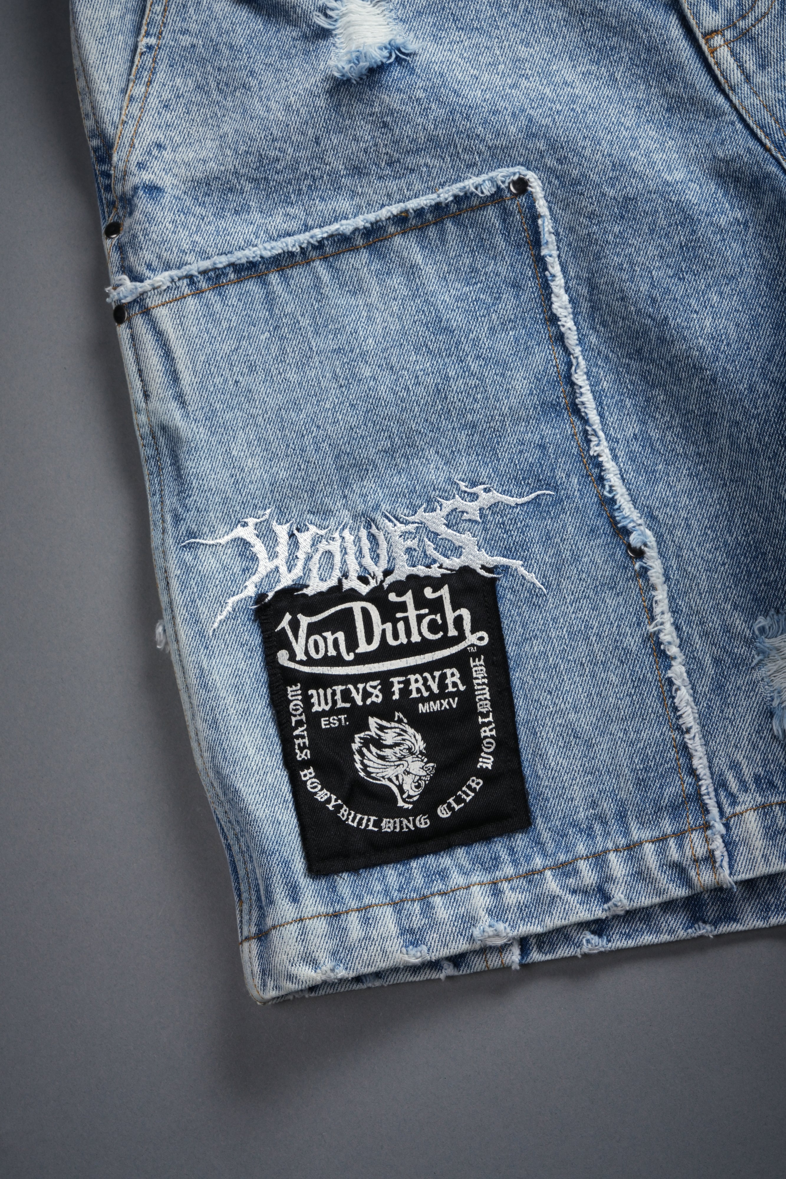 Darc Vice Distressed Denim Carpenter Shorts in Light Wash - Image 11