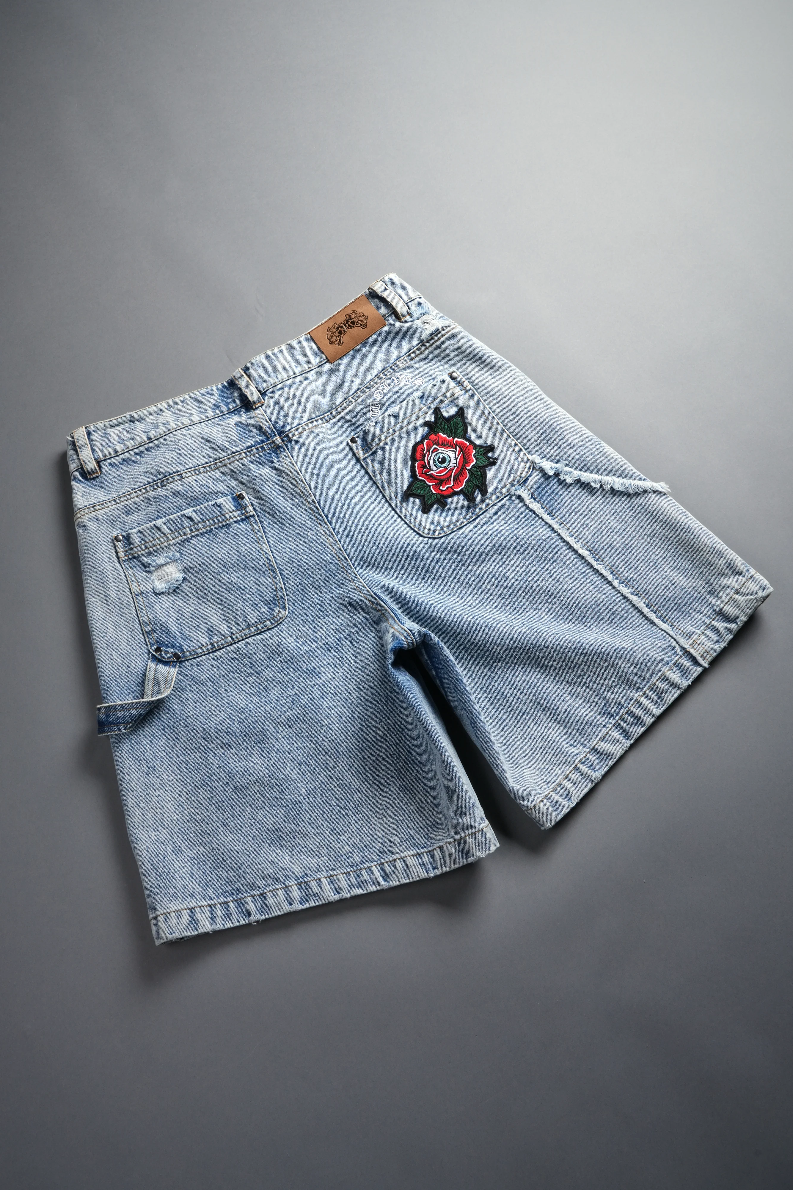 Darc Vice Distressed Denim Carpenter Shorts in Light Wash - Image 13