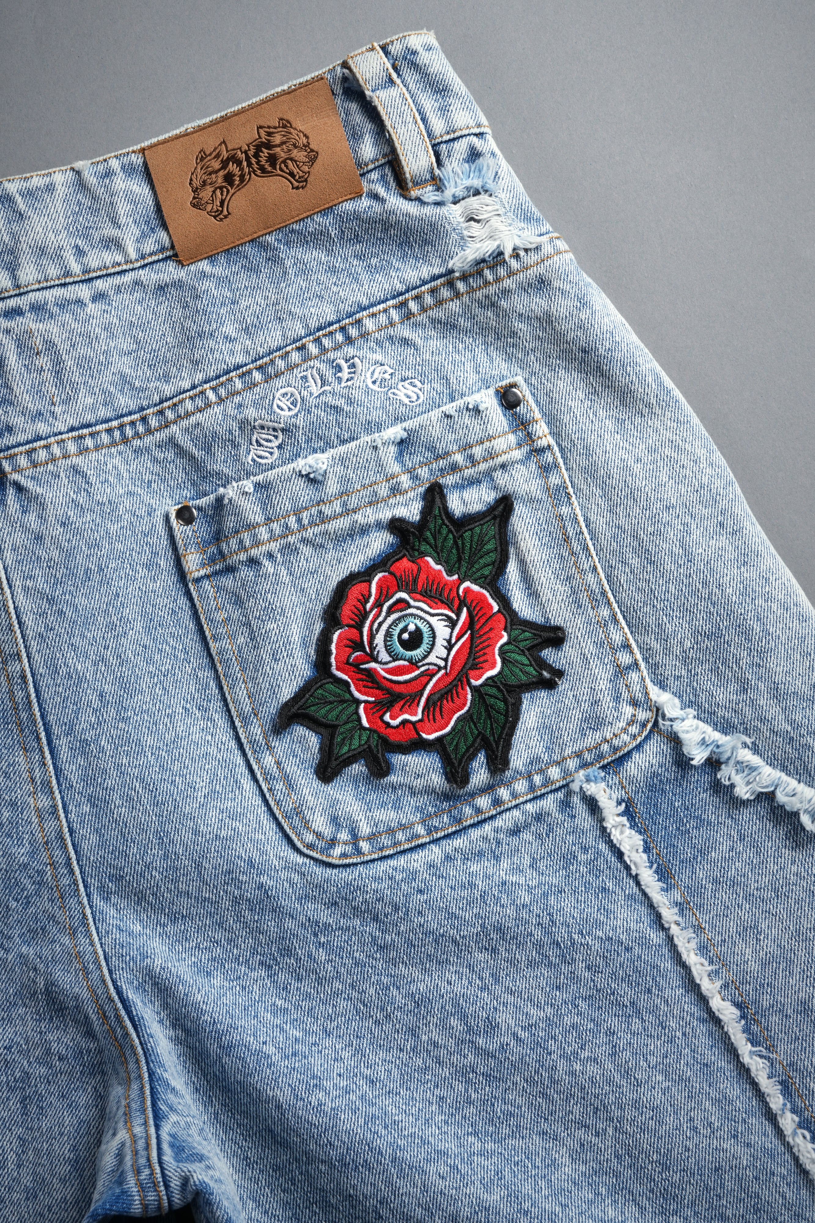 Darc Vice Distressed Denim Carpenter Shorts in Light Wash - Image 14
