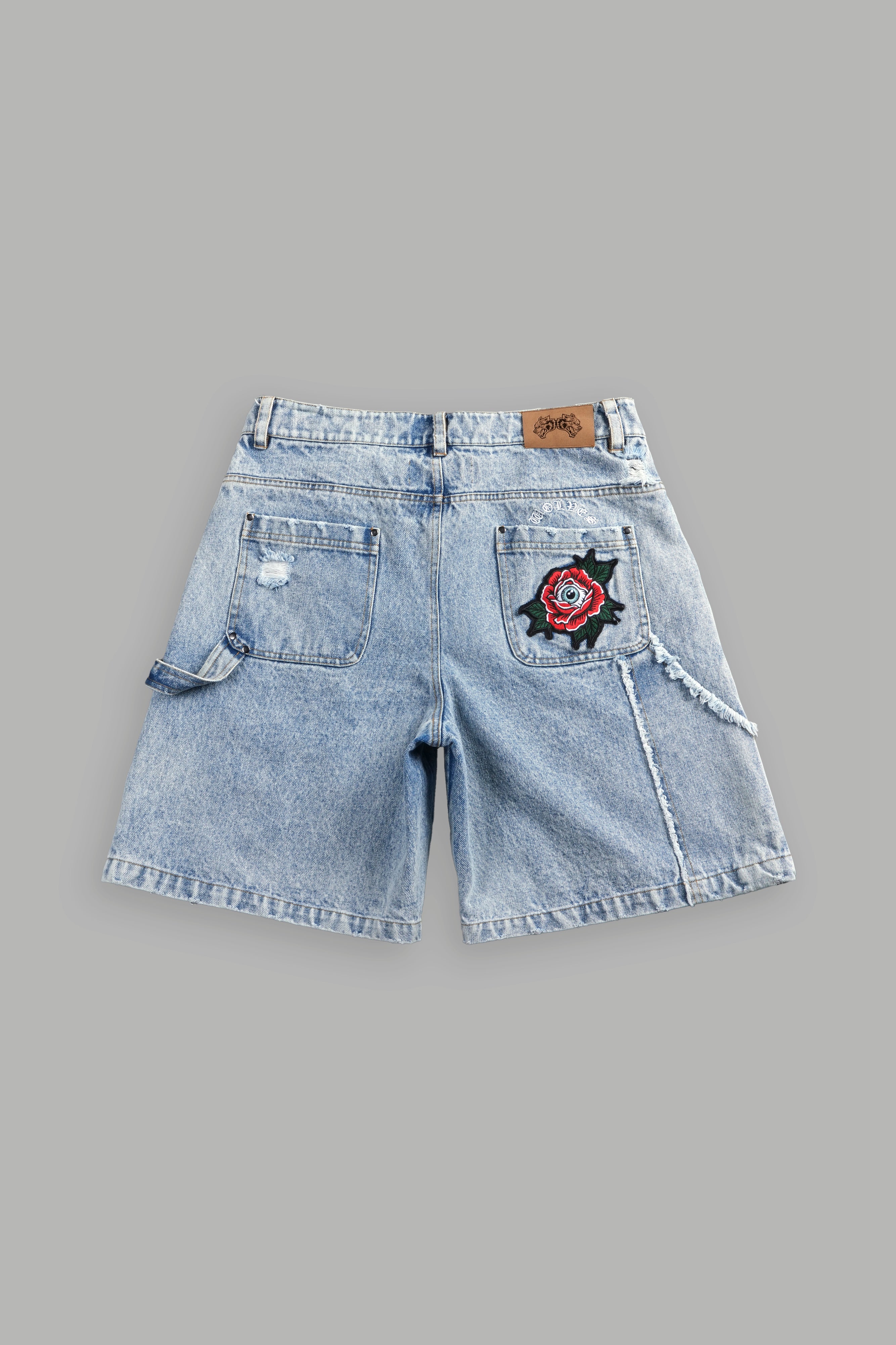 Darc Vice Distressed Denim Carpenter Shorts in Light Wash - Image 3