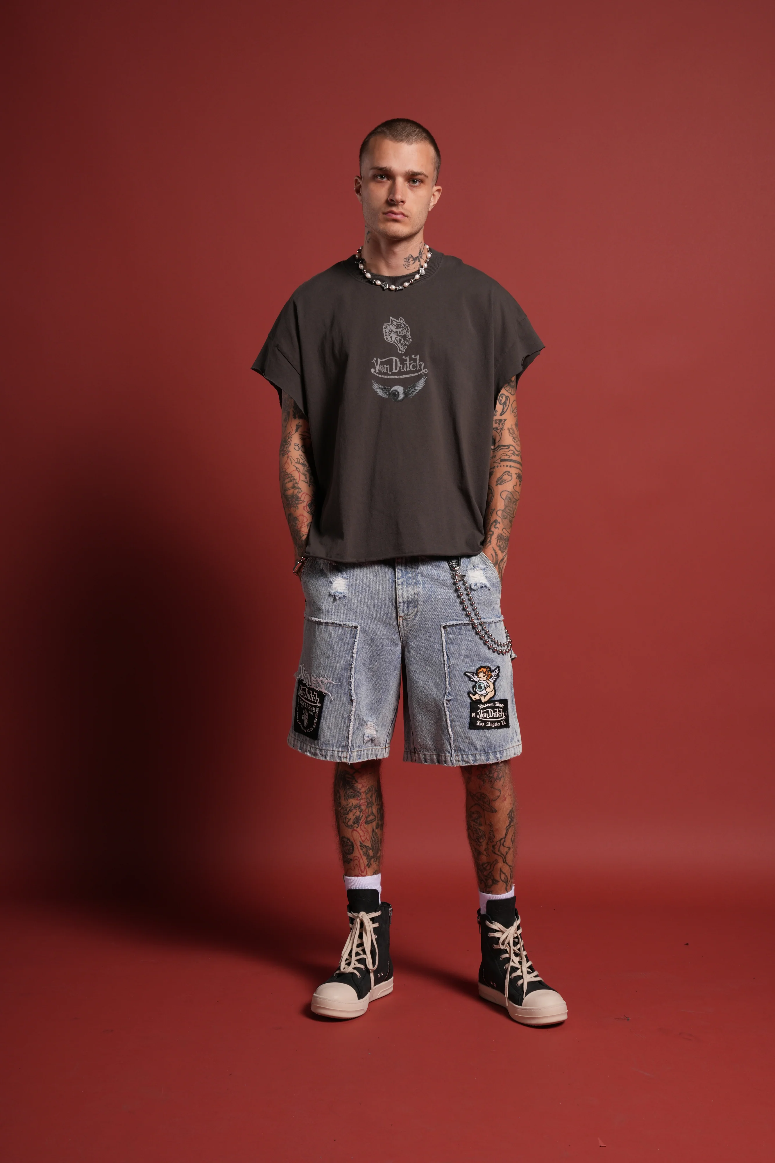 Darc Vice Distressed Denim Carpenter Shorts in Light Wash - Image 6