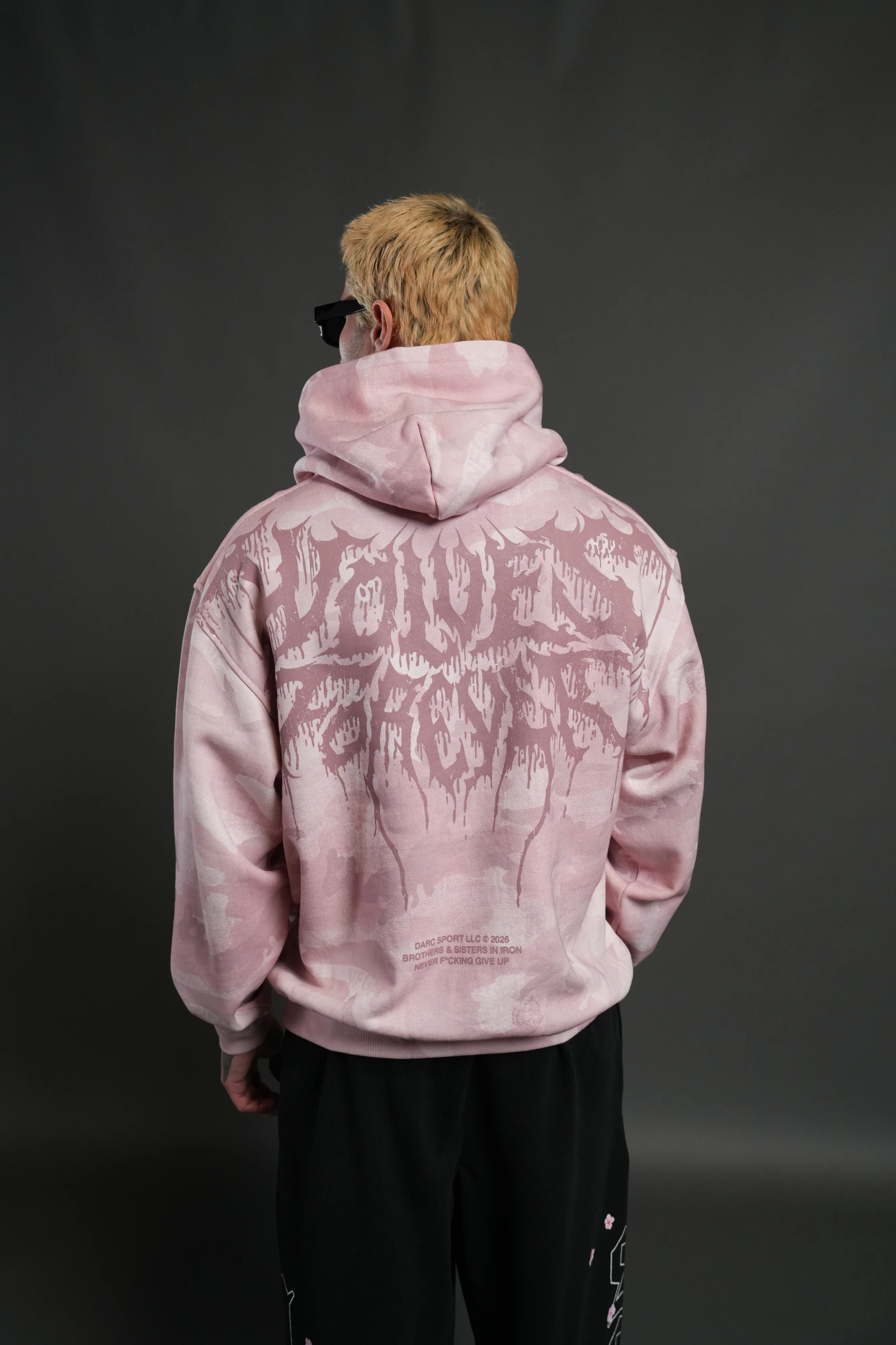 Drip Hesh WLVS FRVR Unisex "Pierce" Hoodie in Blush Vintage Woodland Camo - Image 10