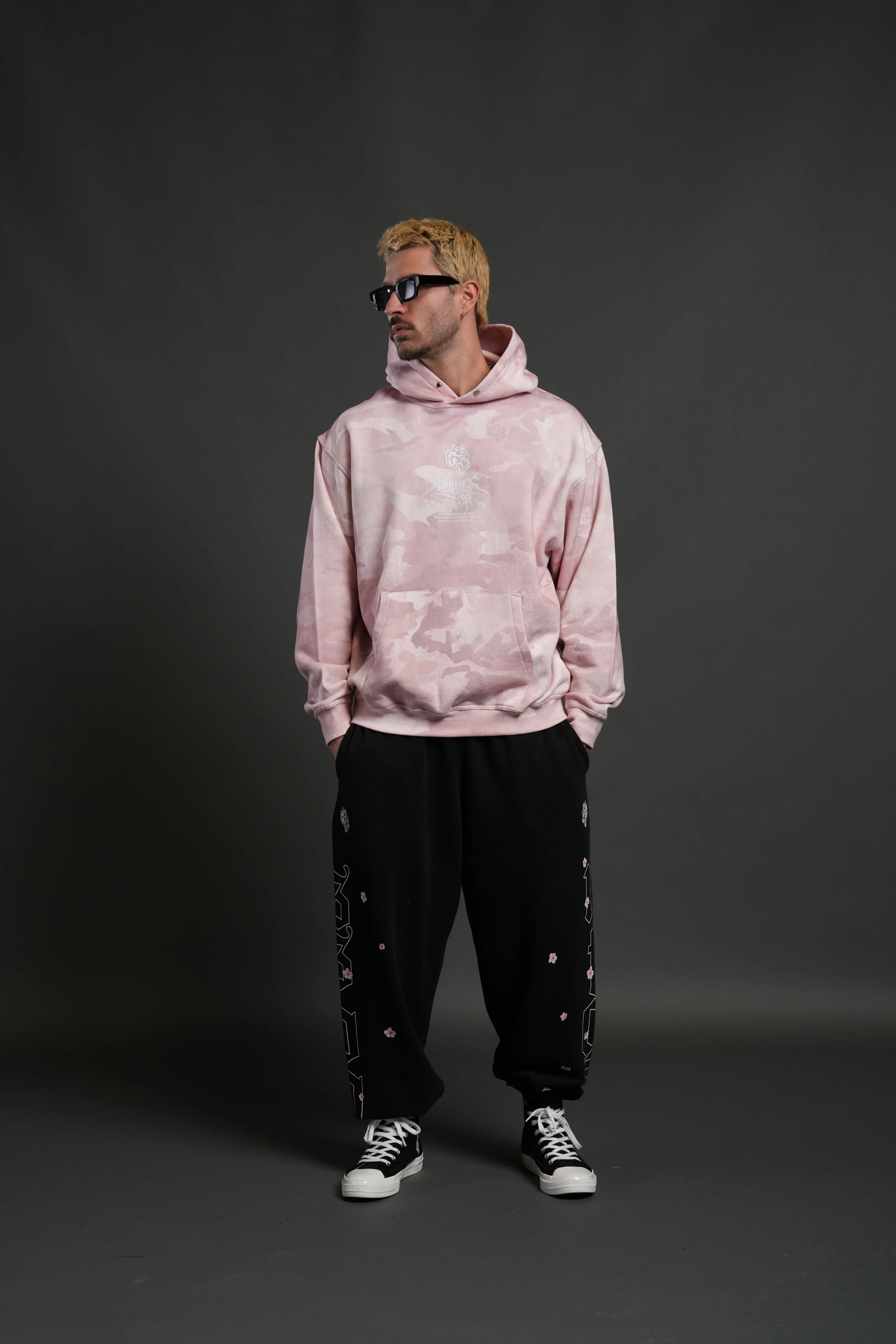 Drip Hesh WLVS FRVR Unisex "Pierce" Hoodie in Blush Vintage Woodland Camo - Image 11