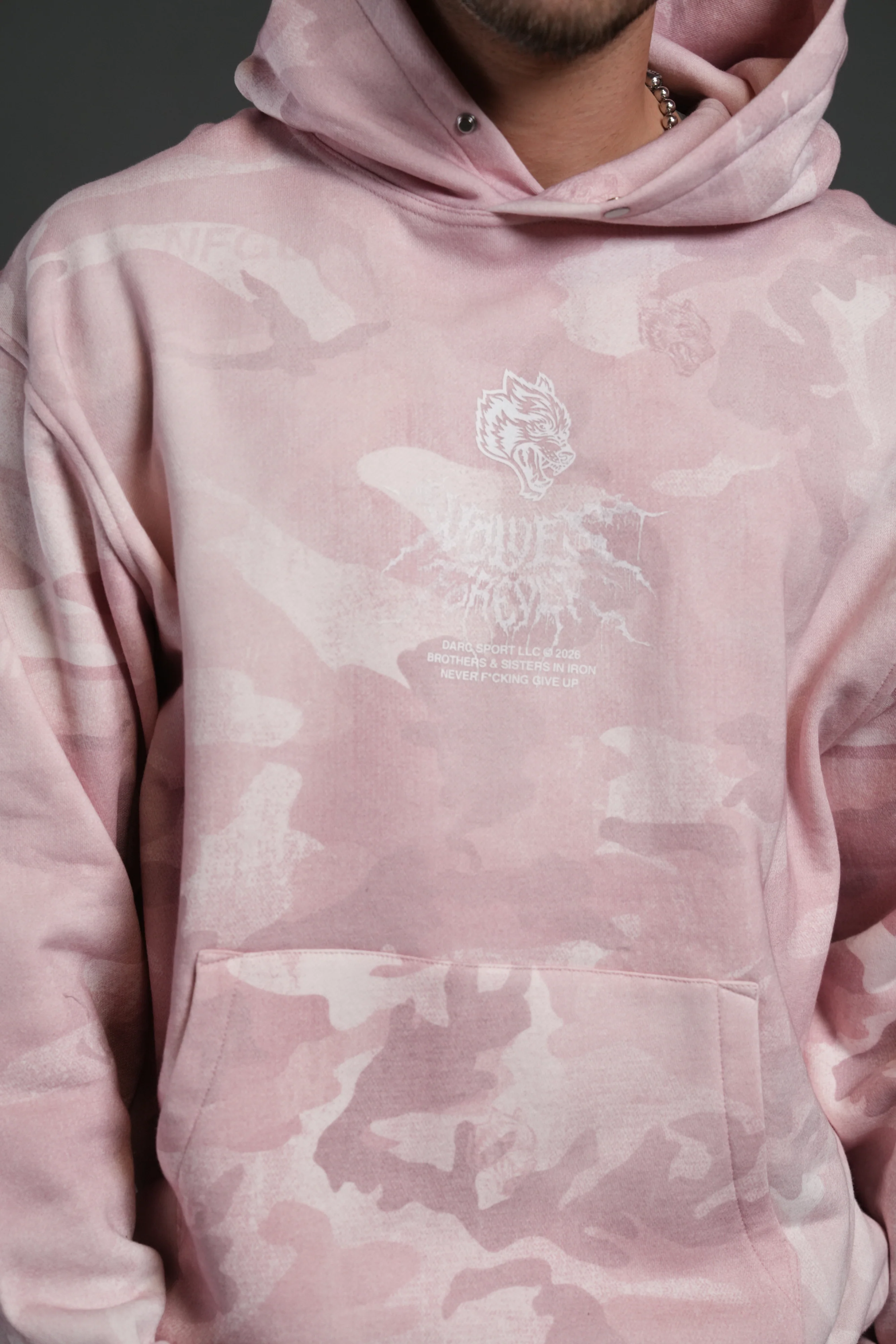 Drip Hesh WLVS FRVR Unisex "Pierce" Hoodie in Blush Vintage Woodland Camo - Image 13