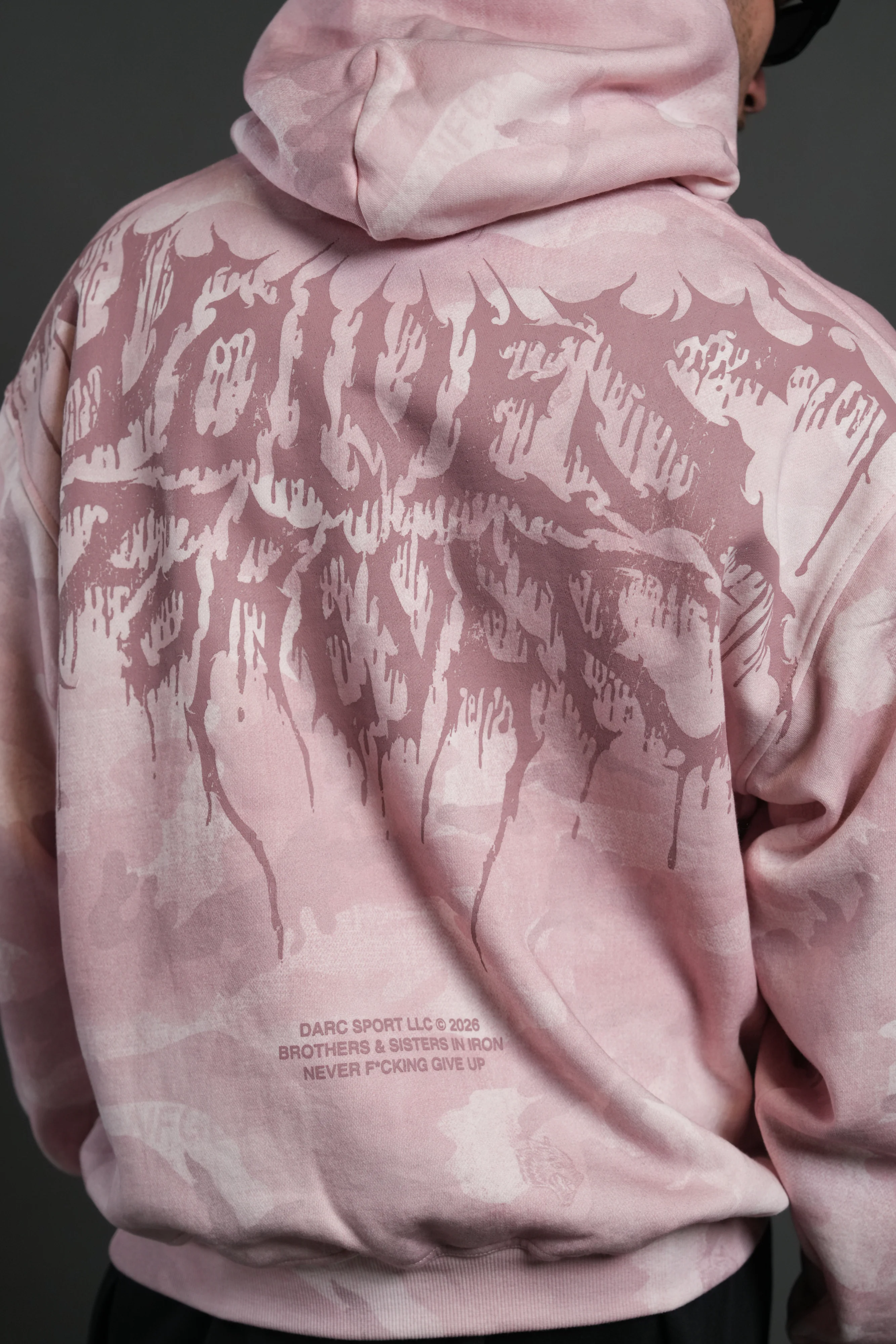 Drip Hesh WLVS FRVR Unisex "Pierce" Hoodie in Blush Vintage Woodland Camo - Image 14