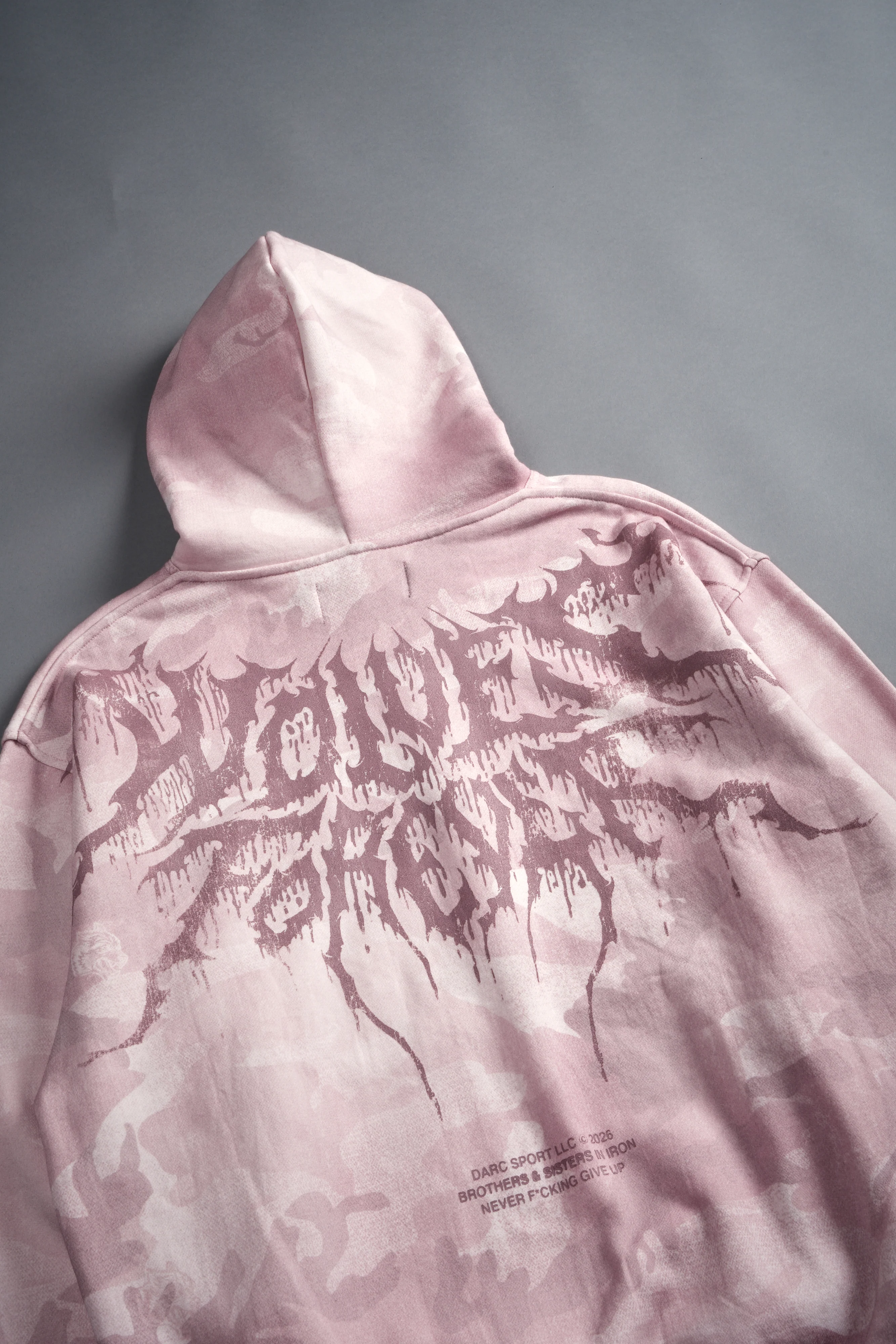 Drip Hesh WLVS FRVR Unisex "Pierce" Hoodie in Blush Vintage Woodland Camo - Image 15