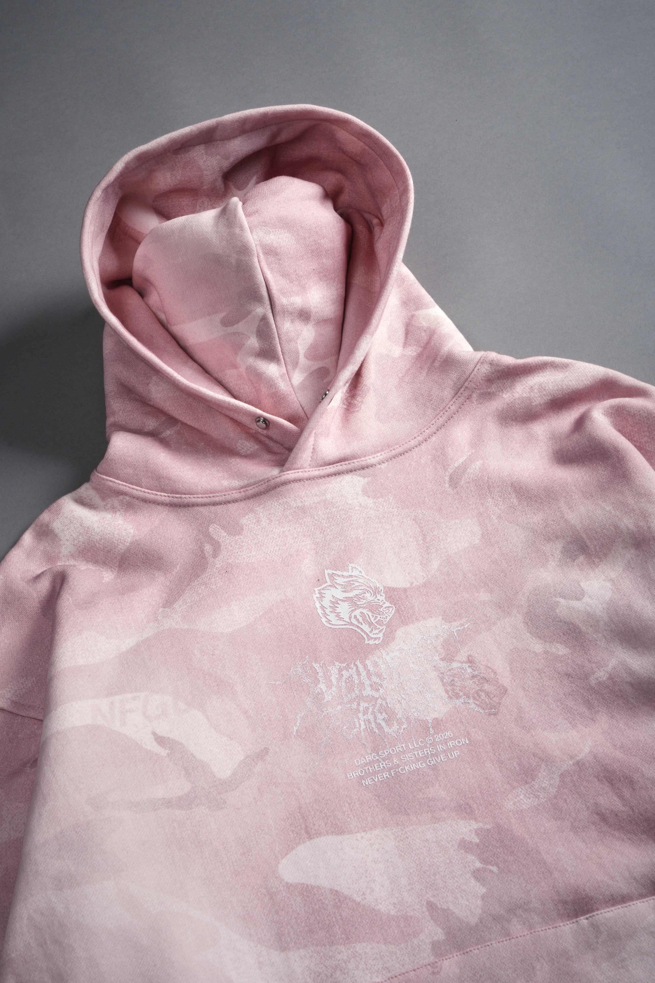 Drip Hesh WLVS FRVR Unisex "Pierce" Hoodie in Blush Vintage Woodland Camo - Image 16