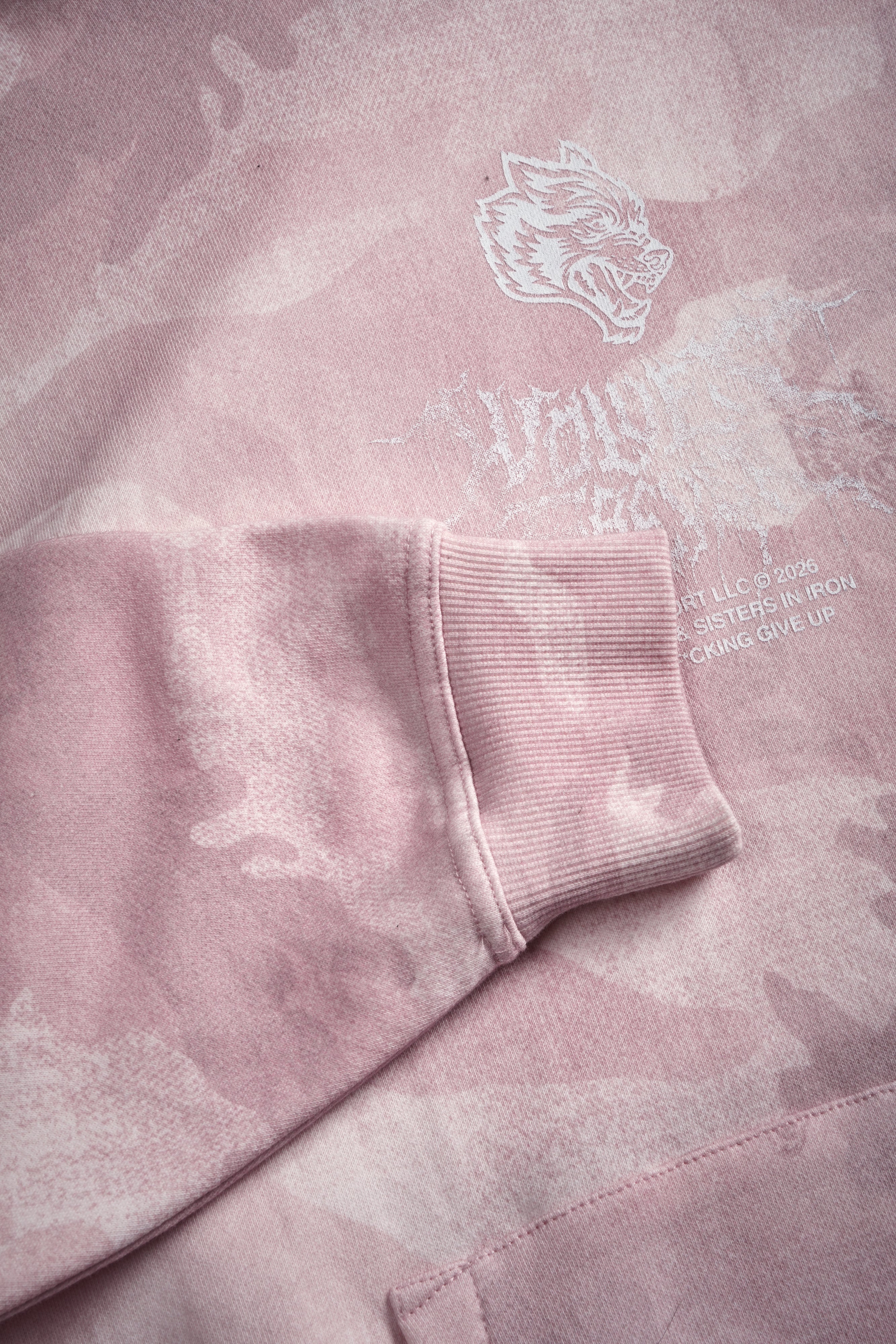 Drip Hesh WLVS FRVR Unisex "Pierce" Hoodie in Blush Vintage Woodland Camo - Image 17
