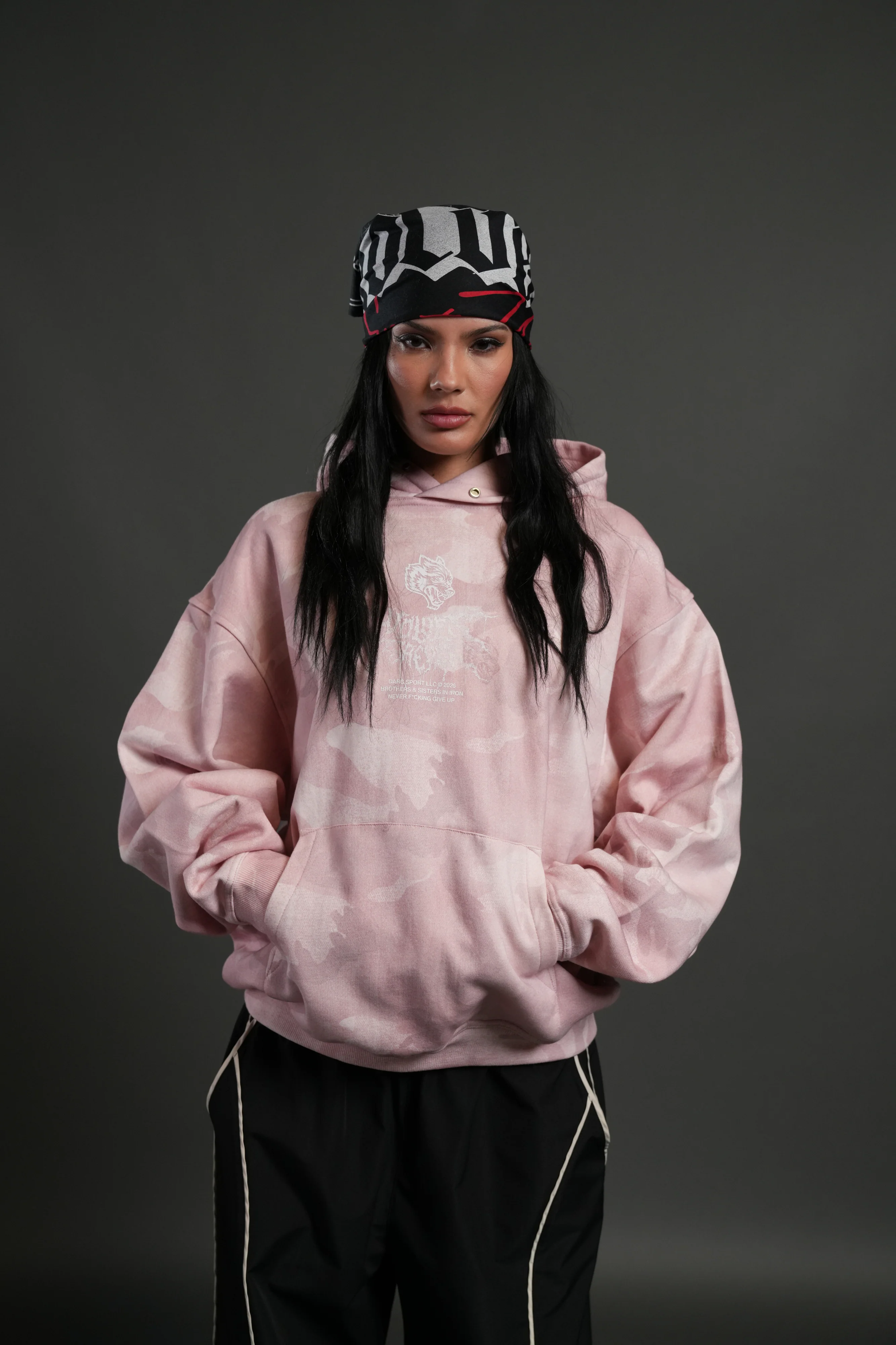 Drip Hesh WLVS FRVR Unisex "Pierce" Hoodie in Blush Vintage Woodland Camo - Image 4