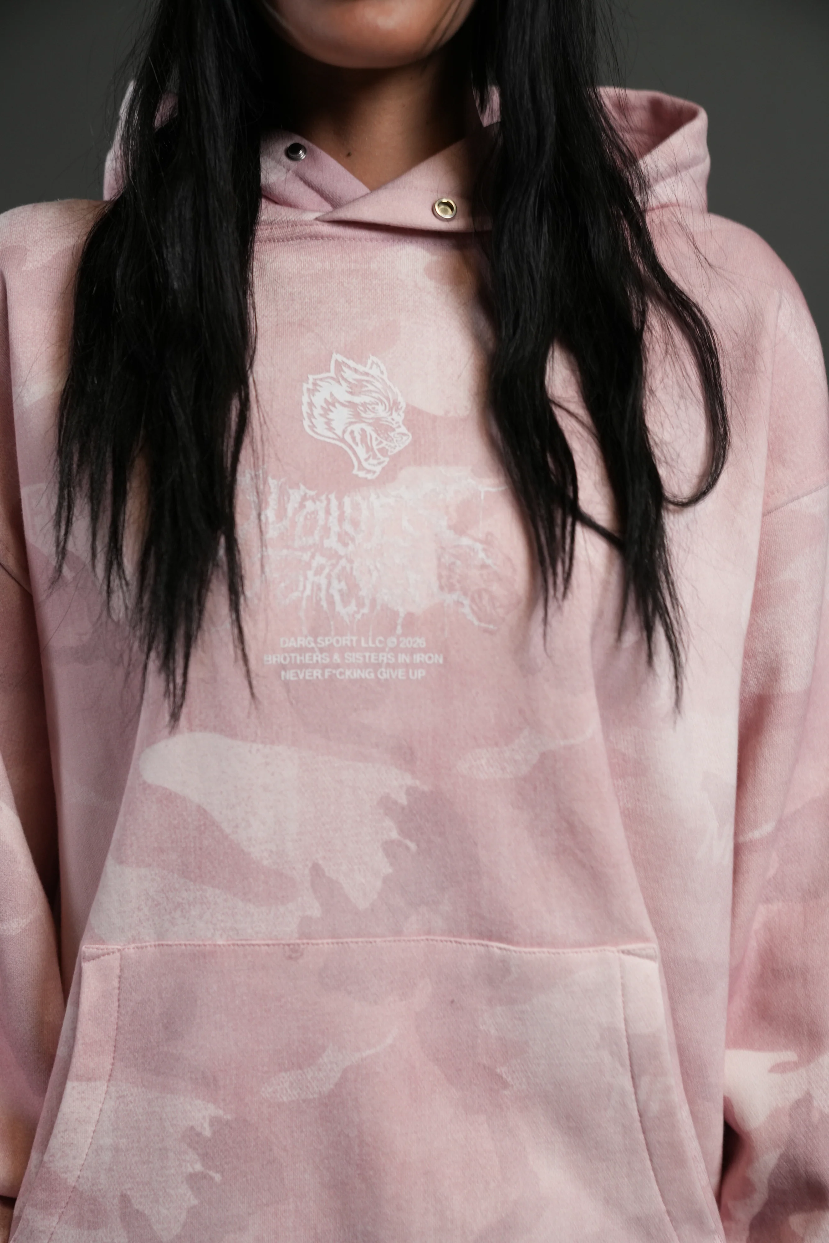 Drip Hesh WLVS FRVR Unisex "Pierce" Hoodie in Blush Vintage Woodland Camo - Image 7