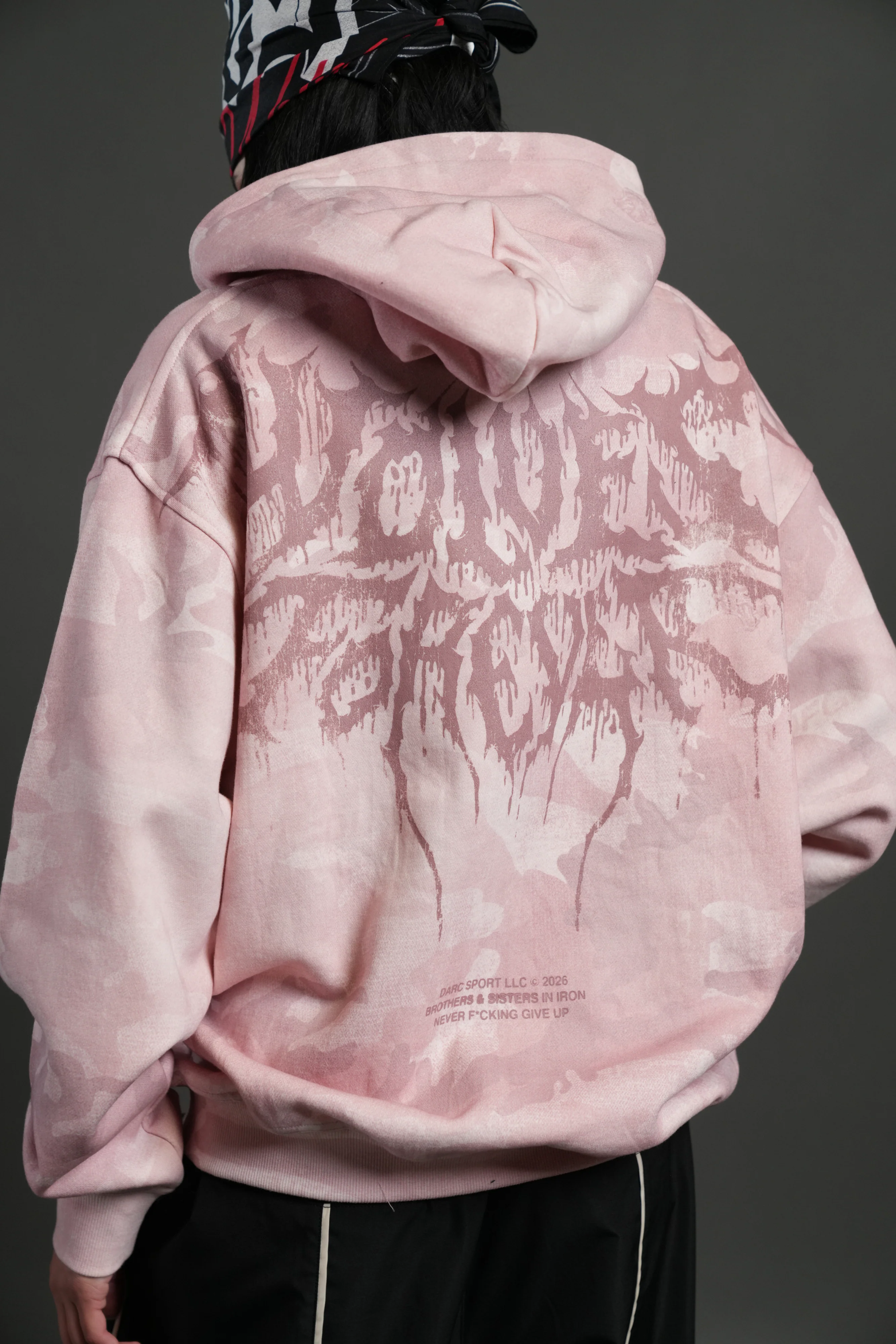Drip Hesh WLVS FRVR Unisex "Pierce" Hoodie in Blush Vintage Woodland Camo - Image 8