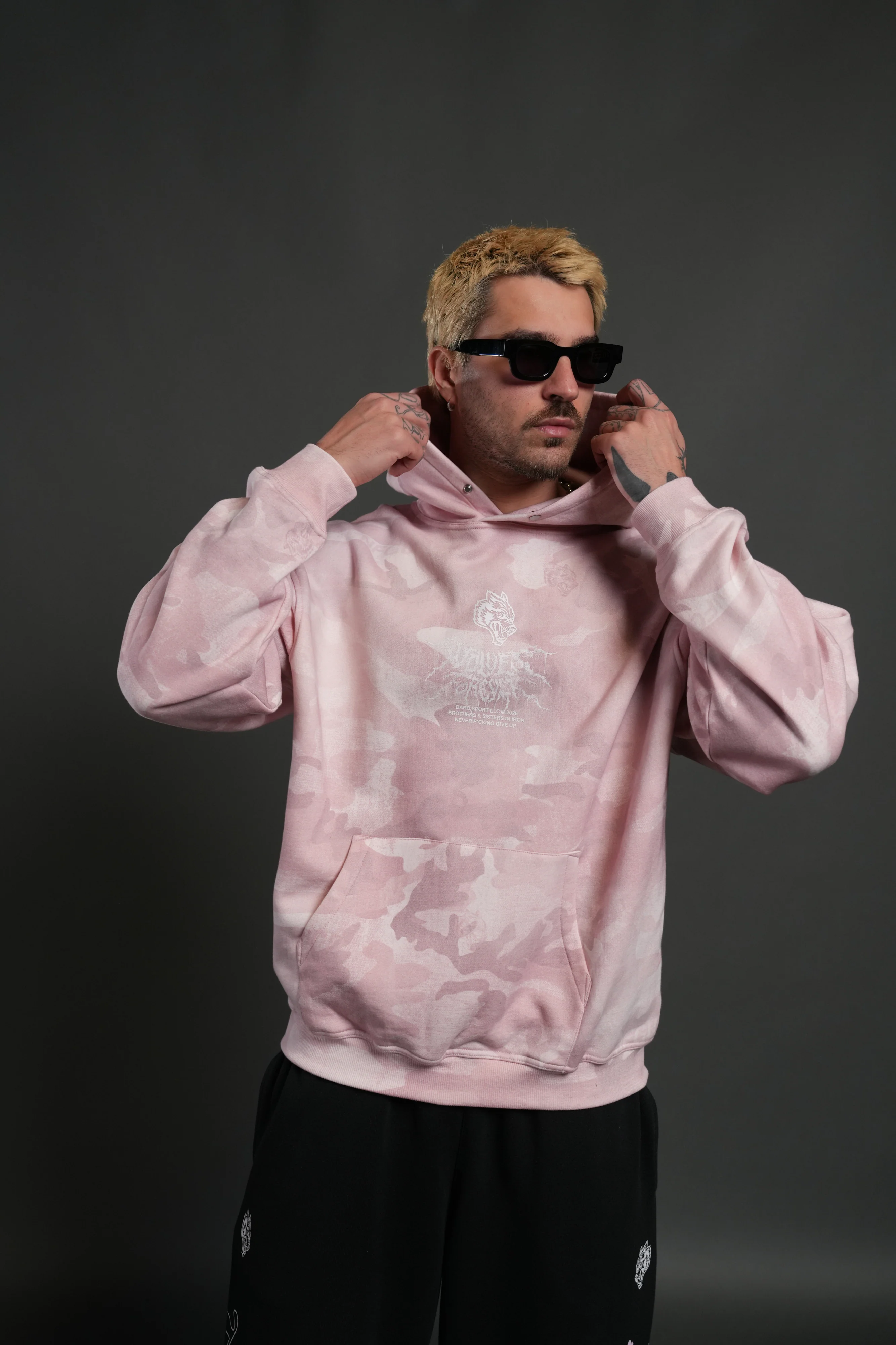 Drip Hesh WLVS FRVR Unisex "Pierce" Hoodie in Blush Vintage Woodland Camo - Image 9