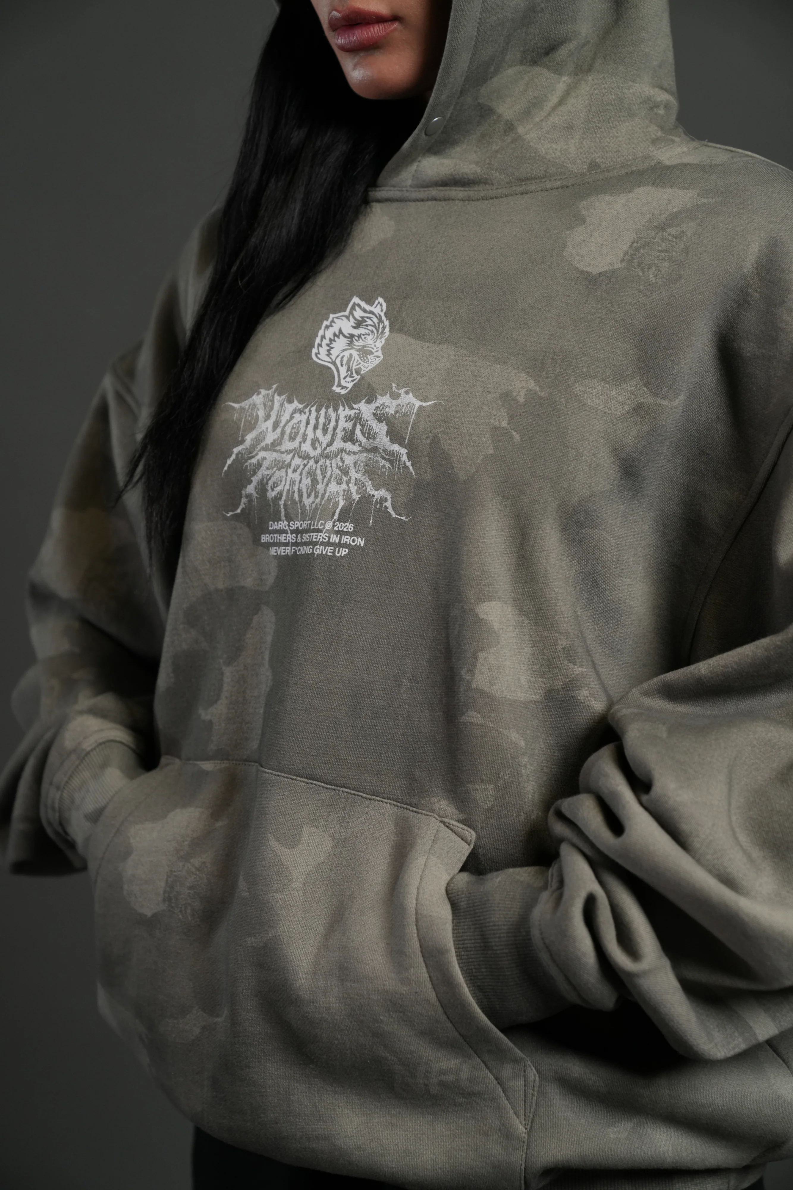 Drip Hesh WLVS FRVR Unisex "Pierce" Hoodie in Lush Vintage Woodland Camo - Image 11