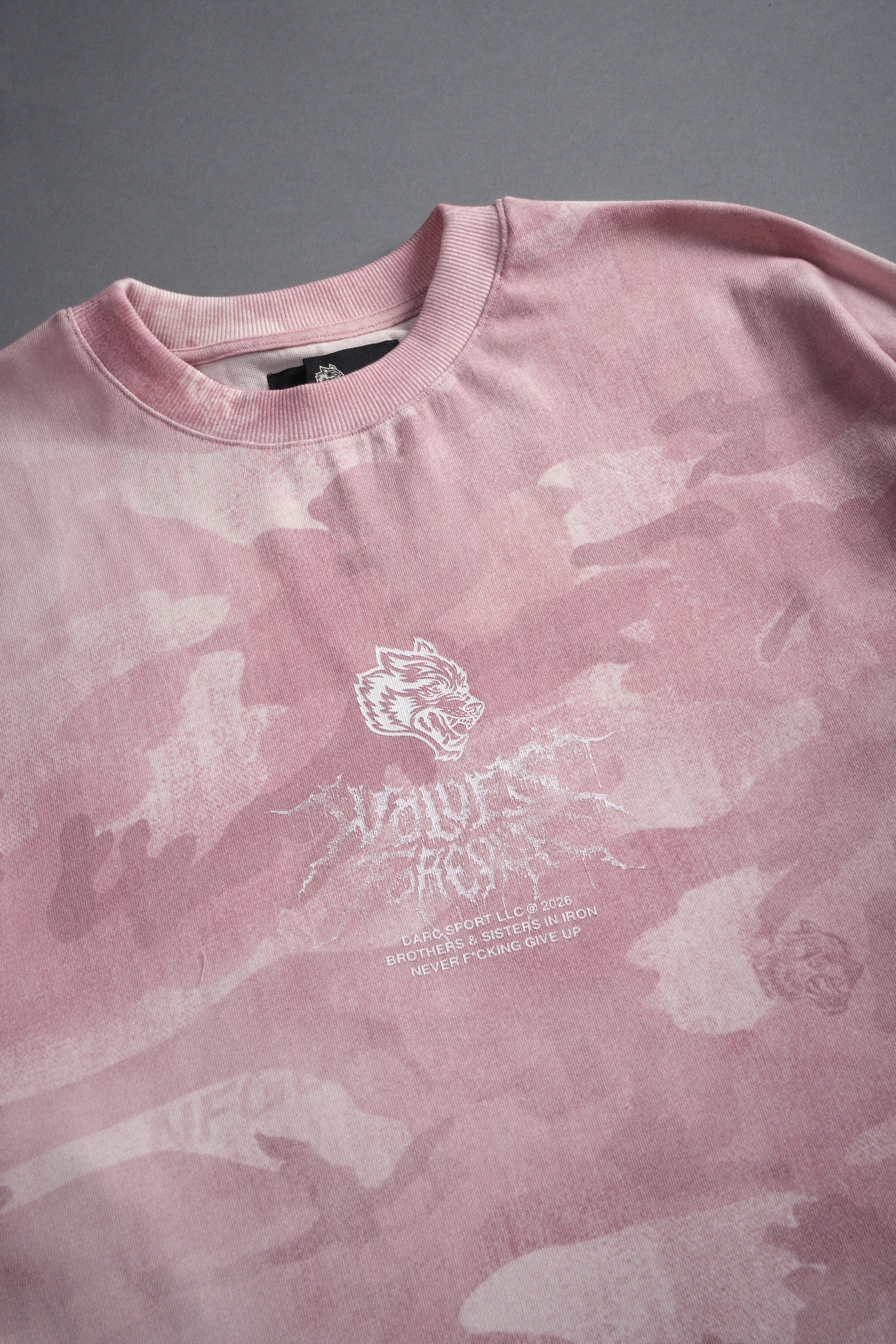 Drip Hesh WLVS FRVR Unisex "Premium" Oversized Tee in Blush Vintage Woodland Camo - Image 4