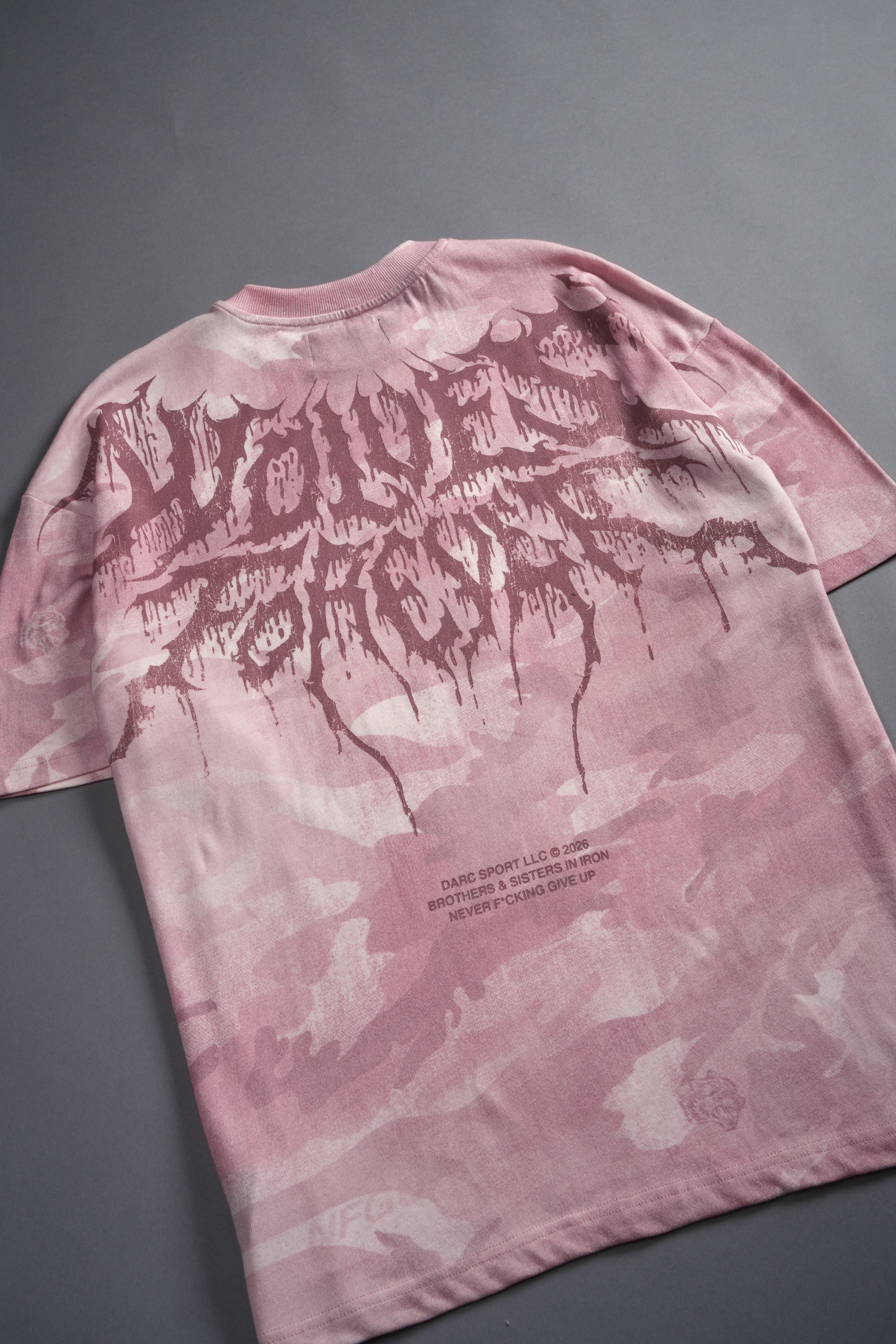 Drip Hesh WLVS FRVR Unisex "Premium" Oversized Tee in Blush Vintage Woodland Camo - Image 5