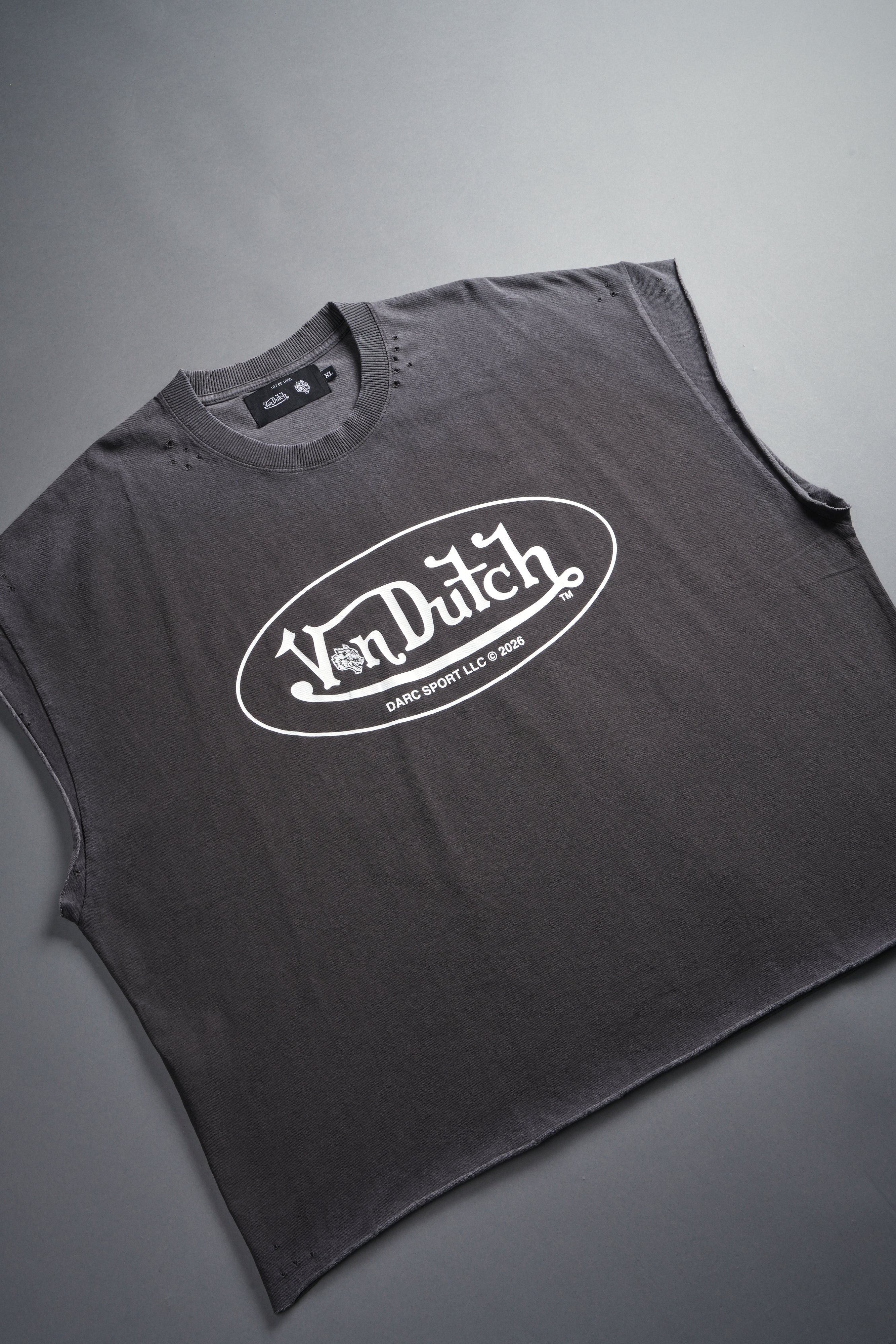 DSVD Legacy Distressed Grunge Cut-Off Mid-Length Raw Hem Tee in Wolf Gray - Image 9