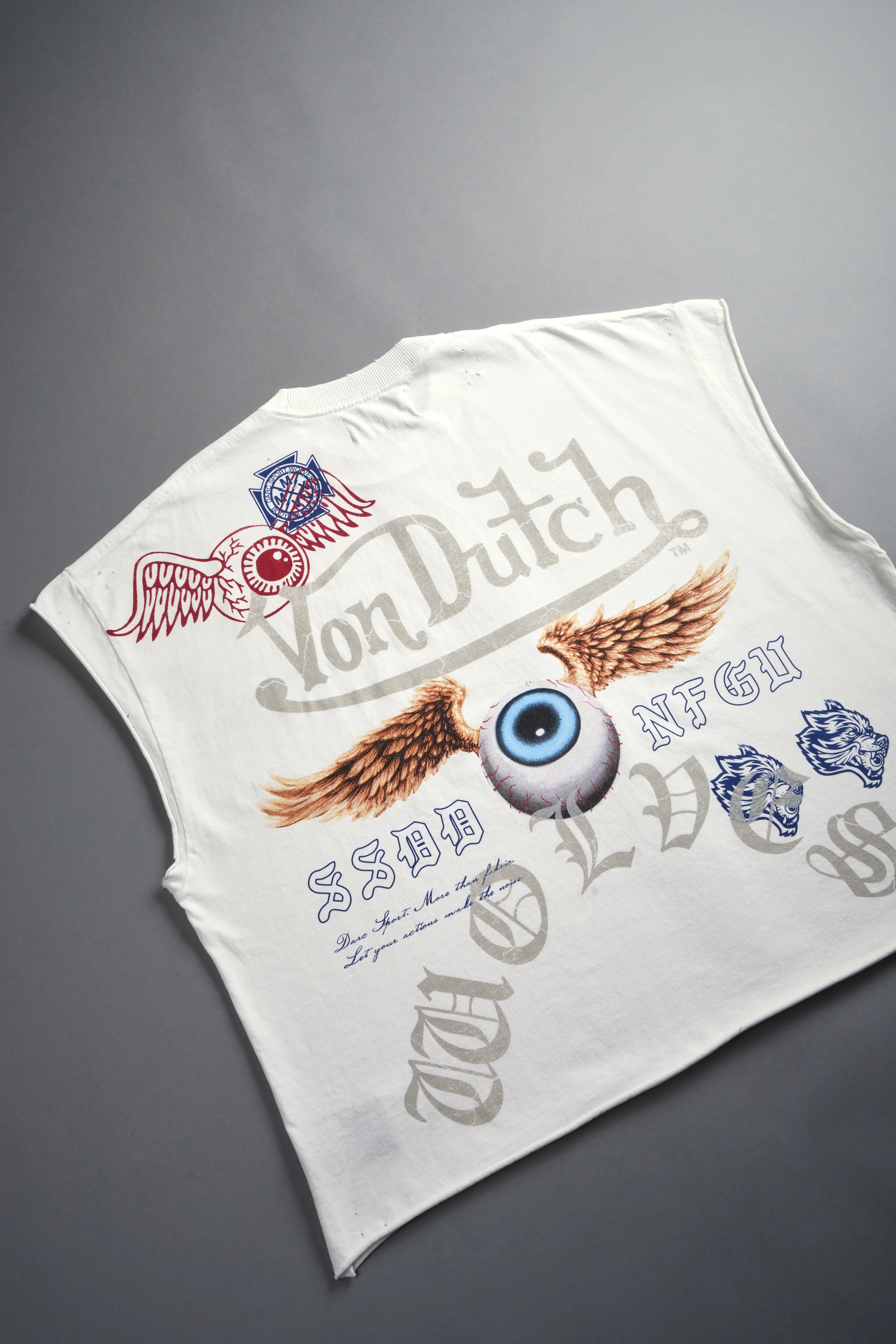 DSVD NFGU Distressed Grunge Cut-Off Mid-Length Raw Hem Tee in Cream - Image 10