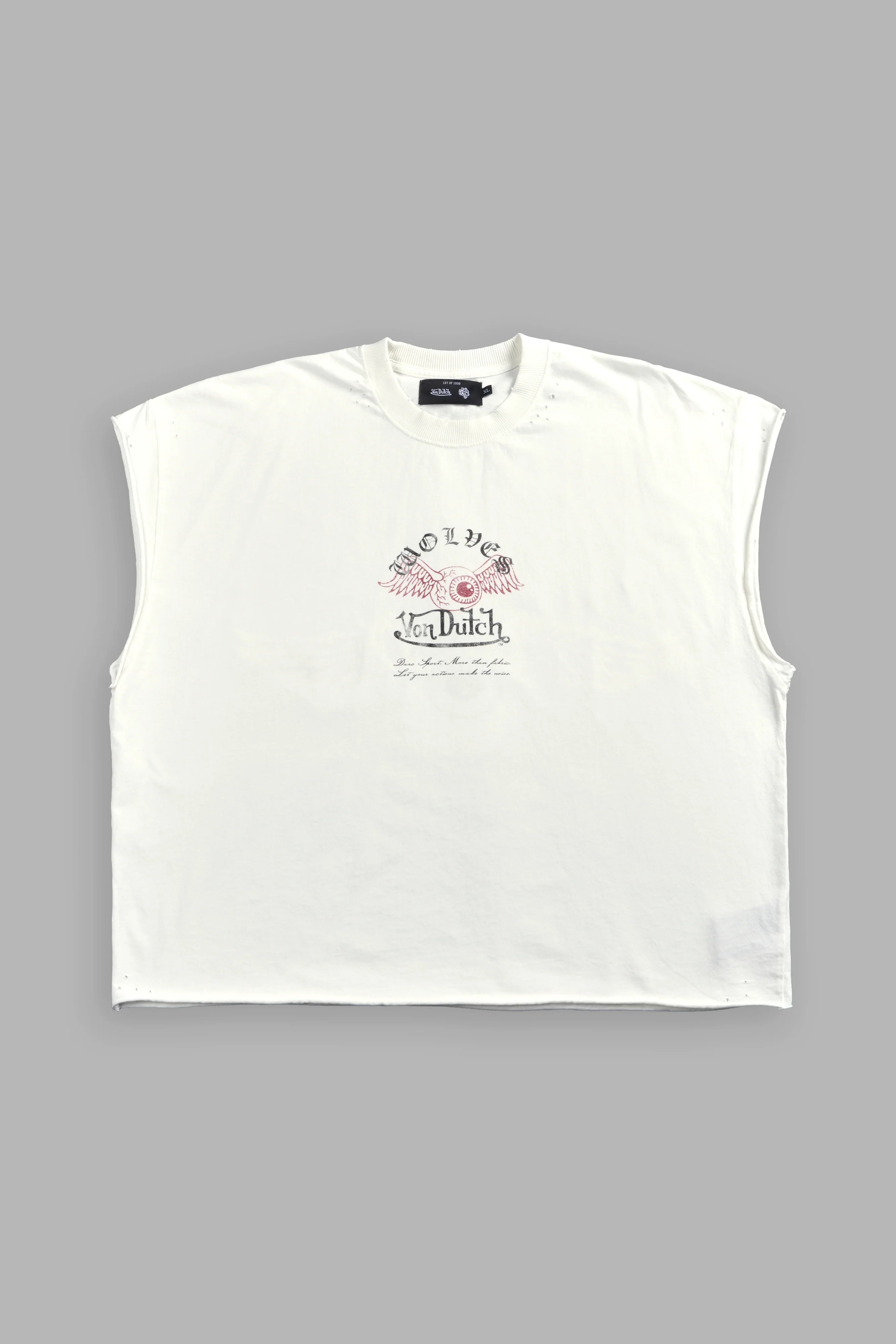DSVD NFGU Distressed Grunge Cut-Off Mid-Length Raw Hem Tee in Cream - Image 3