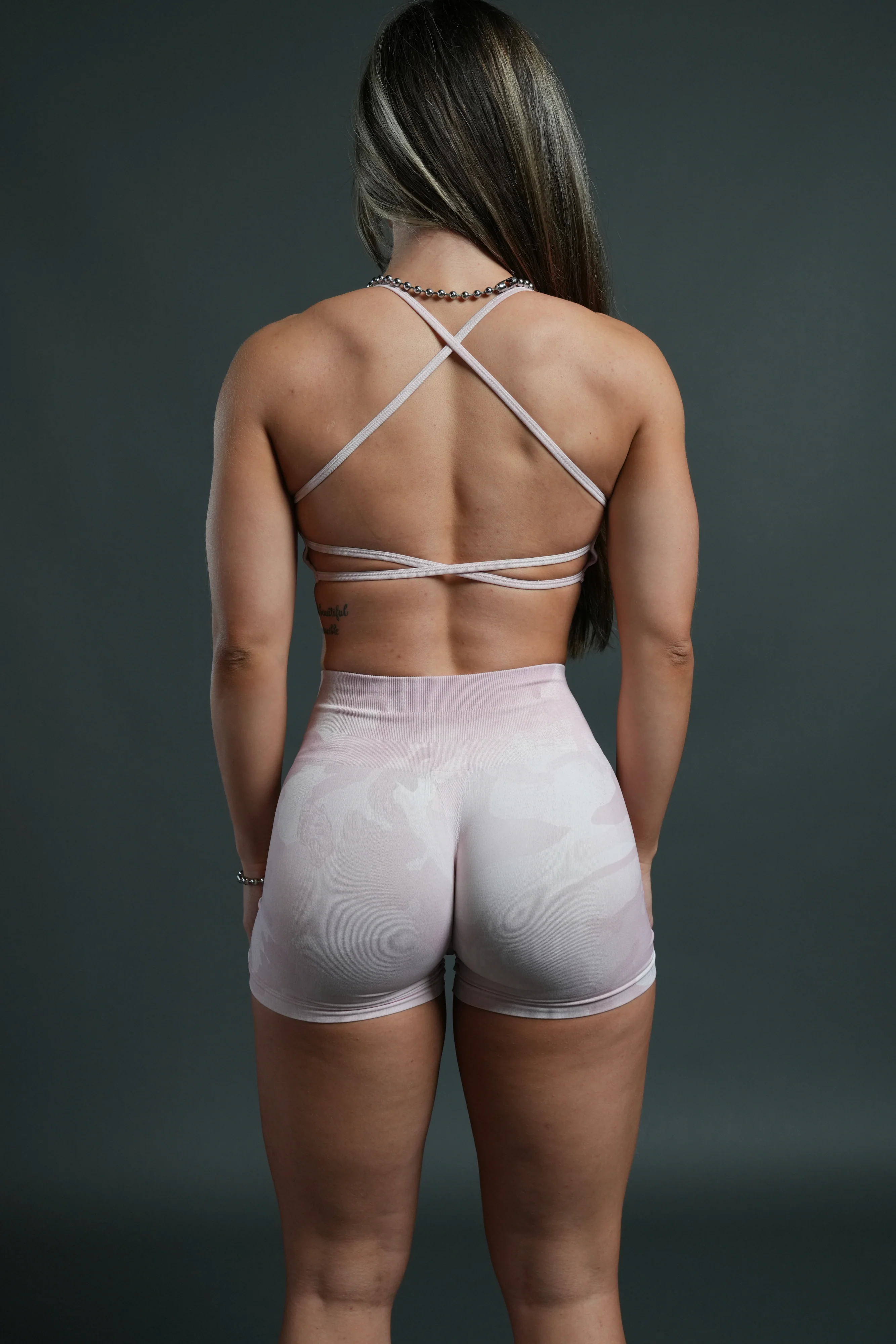 Dual "Stella" Soft Seamless Shorts in Blush Vintage Woodland Camo - Image 4