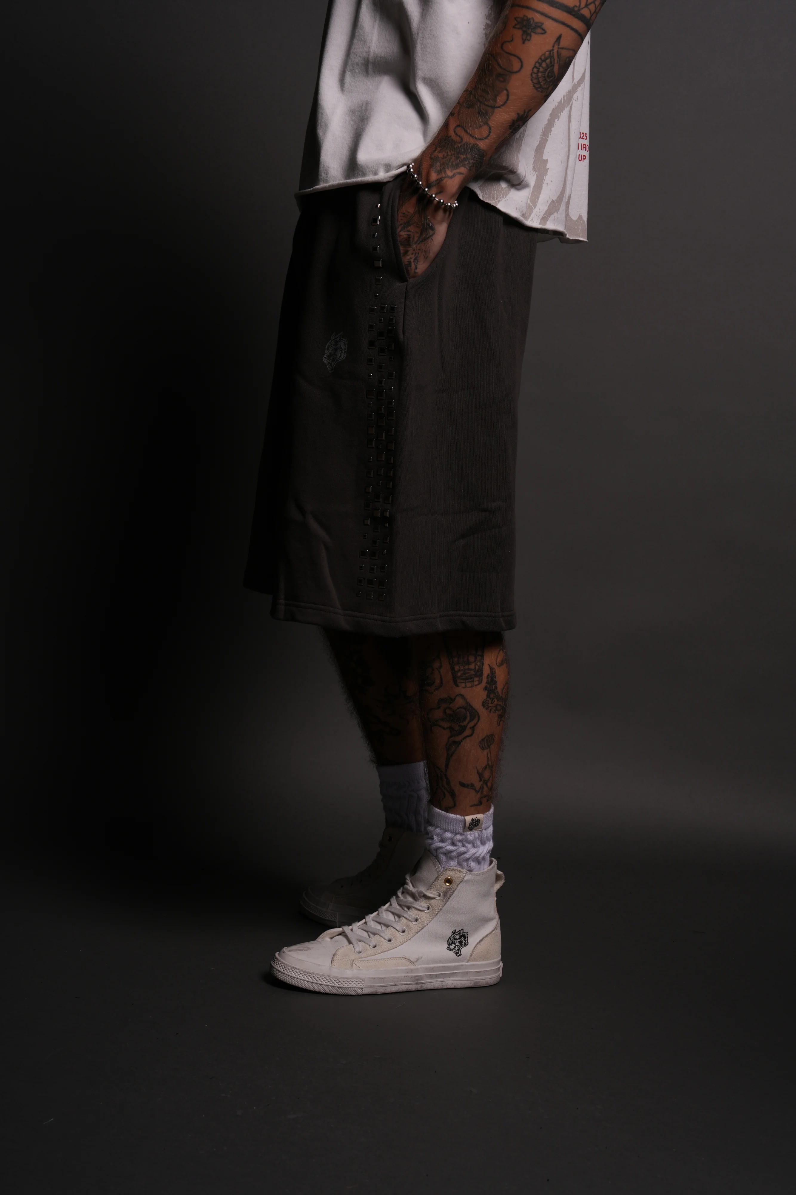 Dual Stud Oversized Osiris Sweat Shorts in Wolf Gray - Image 4
