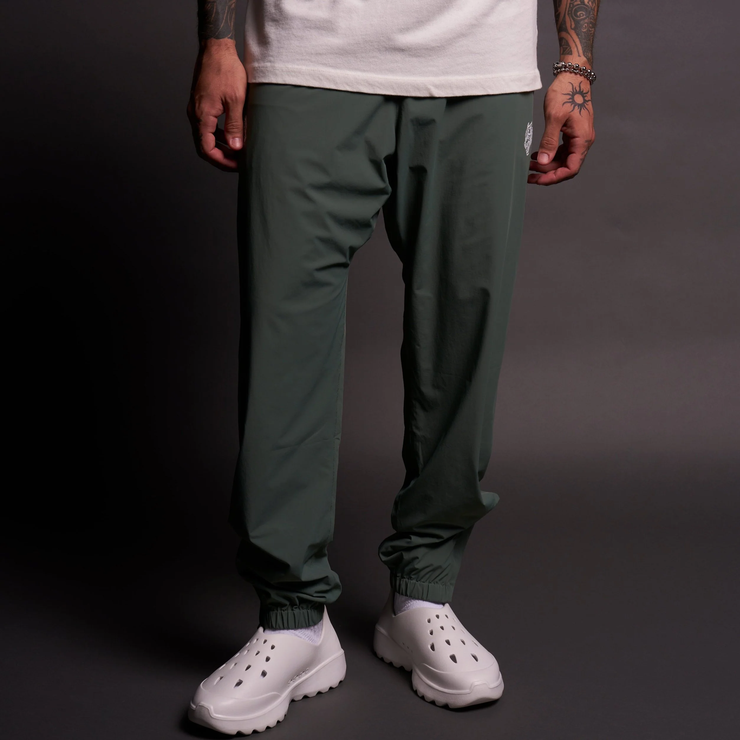 Dual Wolf Head Hybrid Nylon Track Pants in Hunter Green - Image 3