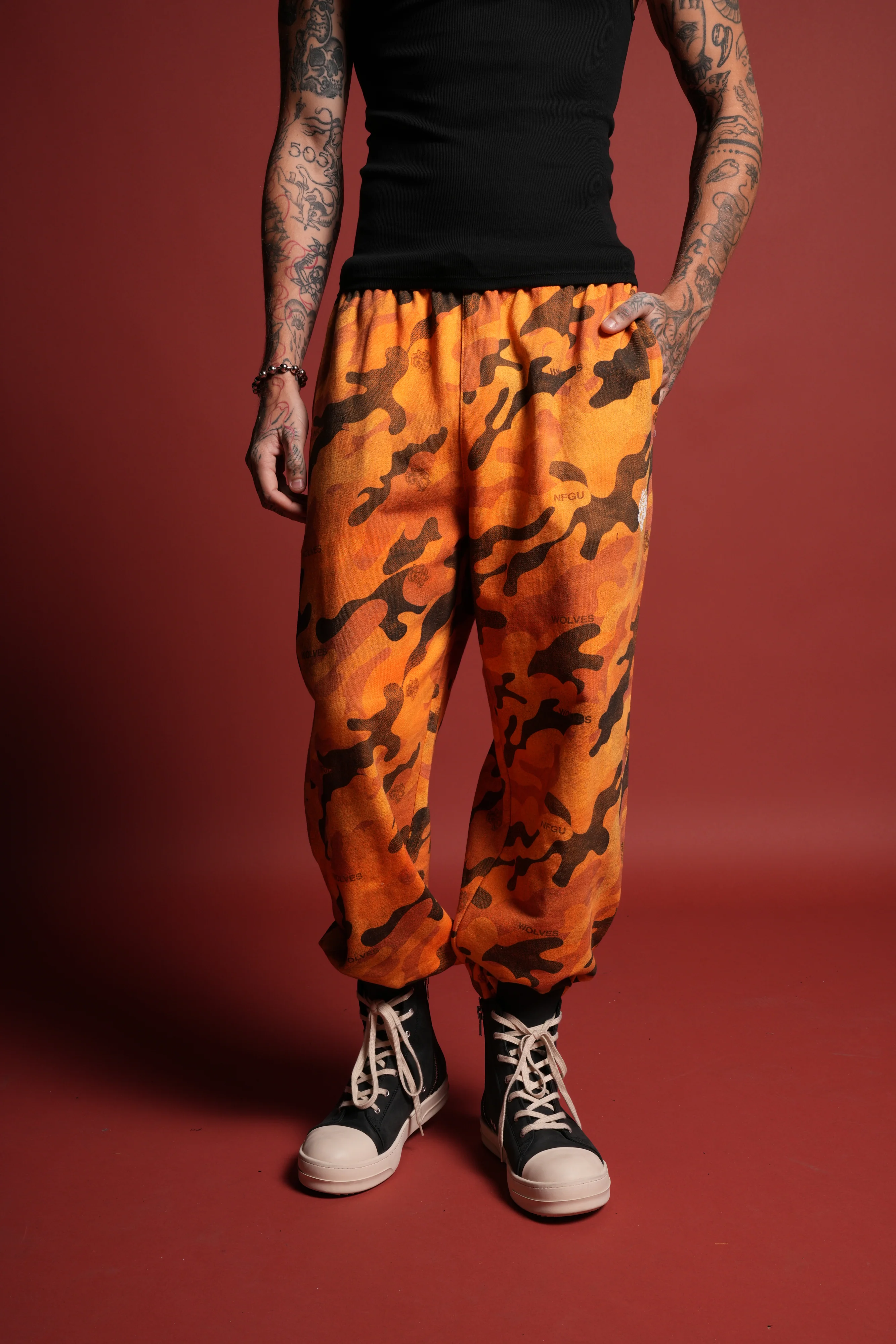 Dual Wolf Unisex Lounger Sweat Pants in DSVD Orange Camo - Image 11
