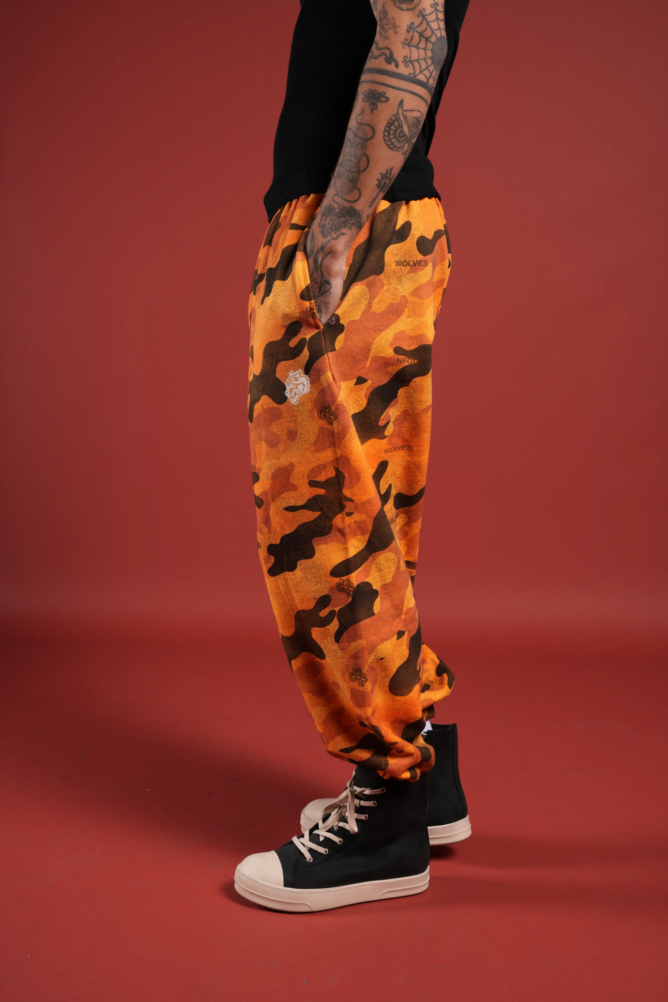 Dual Wolf Unisex Lounger Sweat Pants in DSVD Orange Camo - Image 12