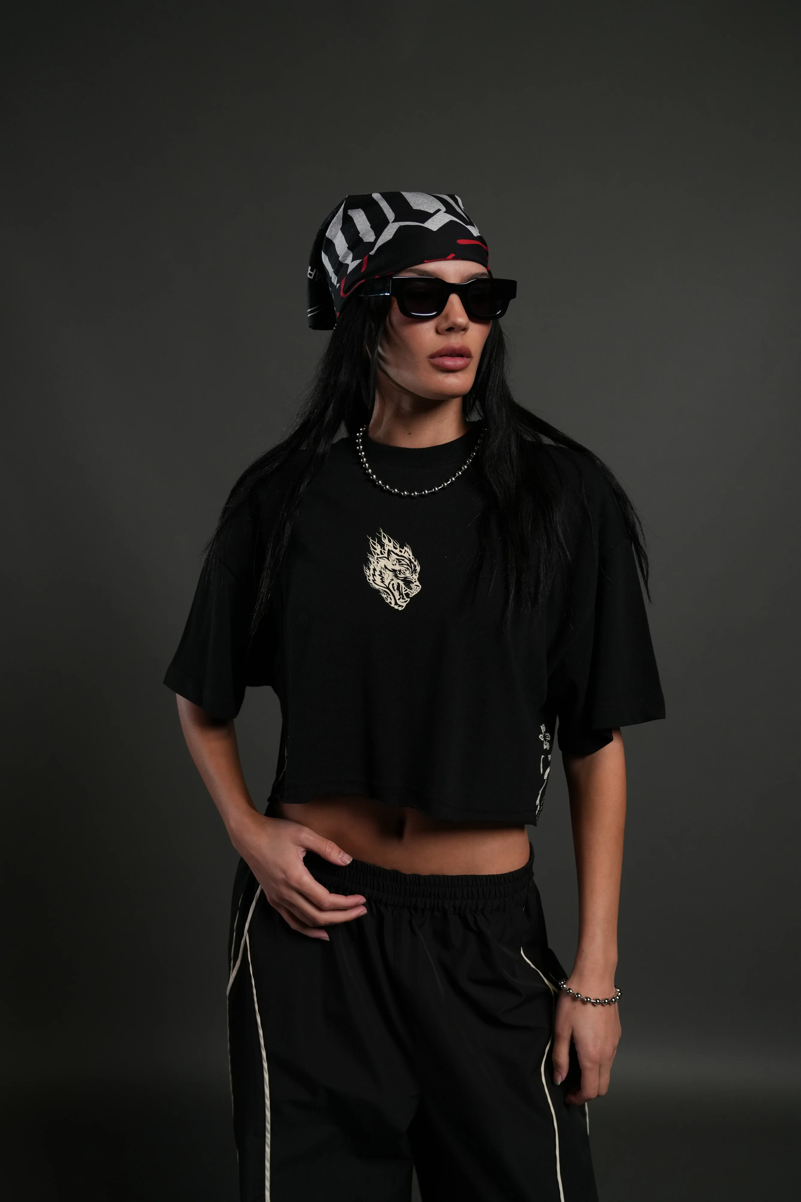 Faded Paisley Premium Oversized Cropped Tee in Black