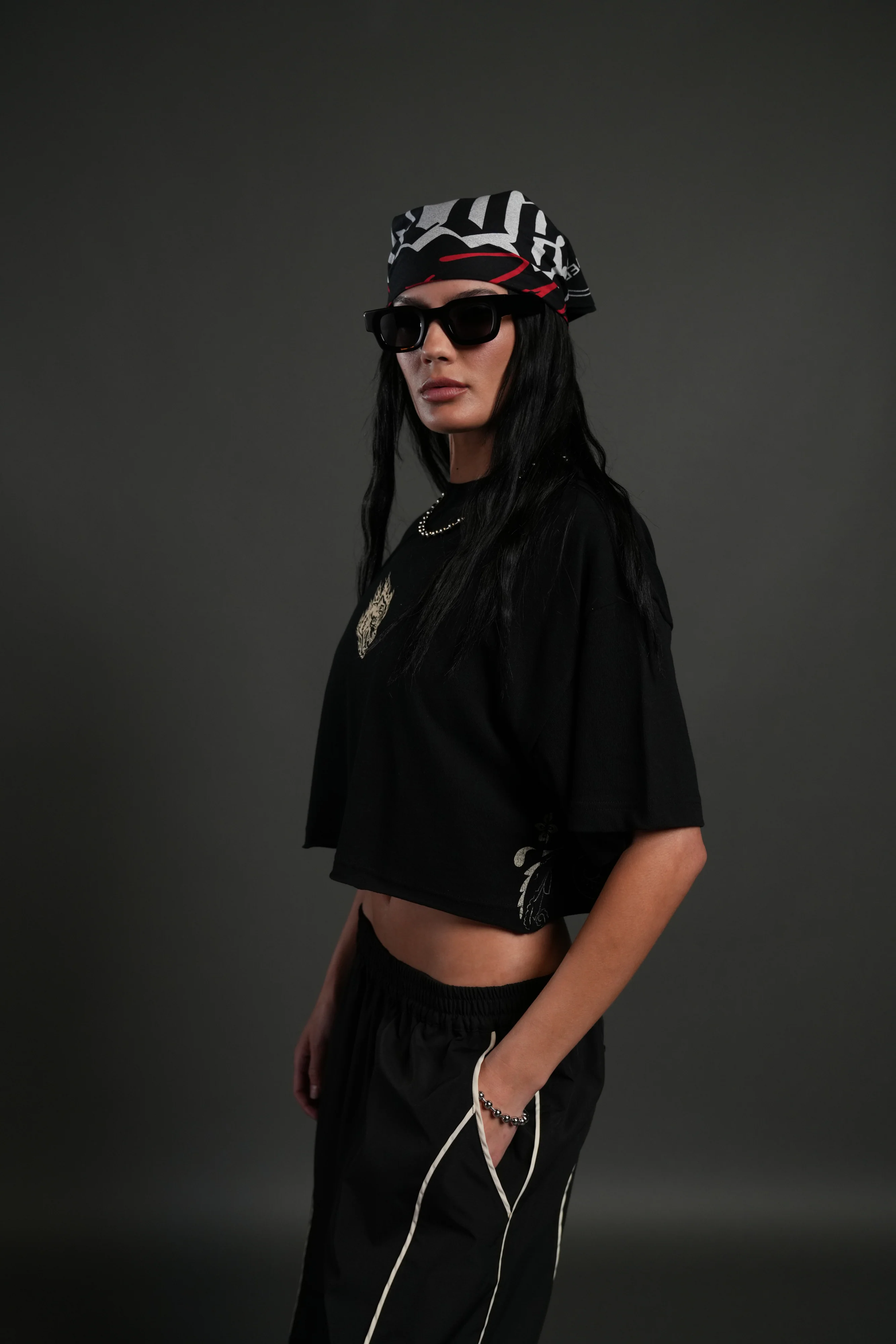Faded Paisley Premium Oversized Cropped Tee in Black - Image 2